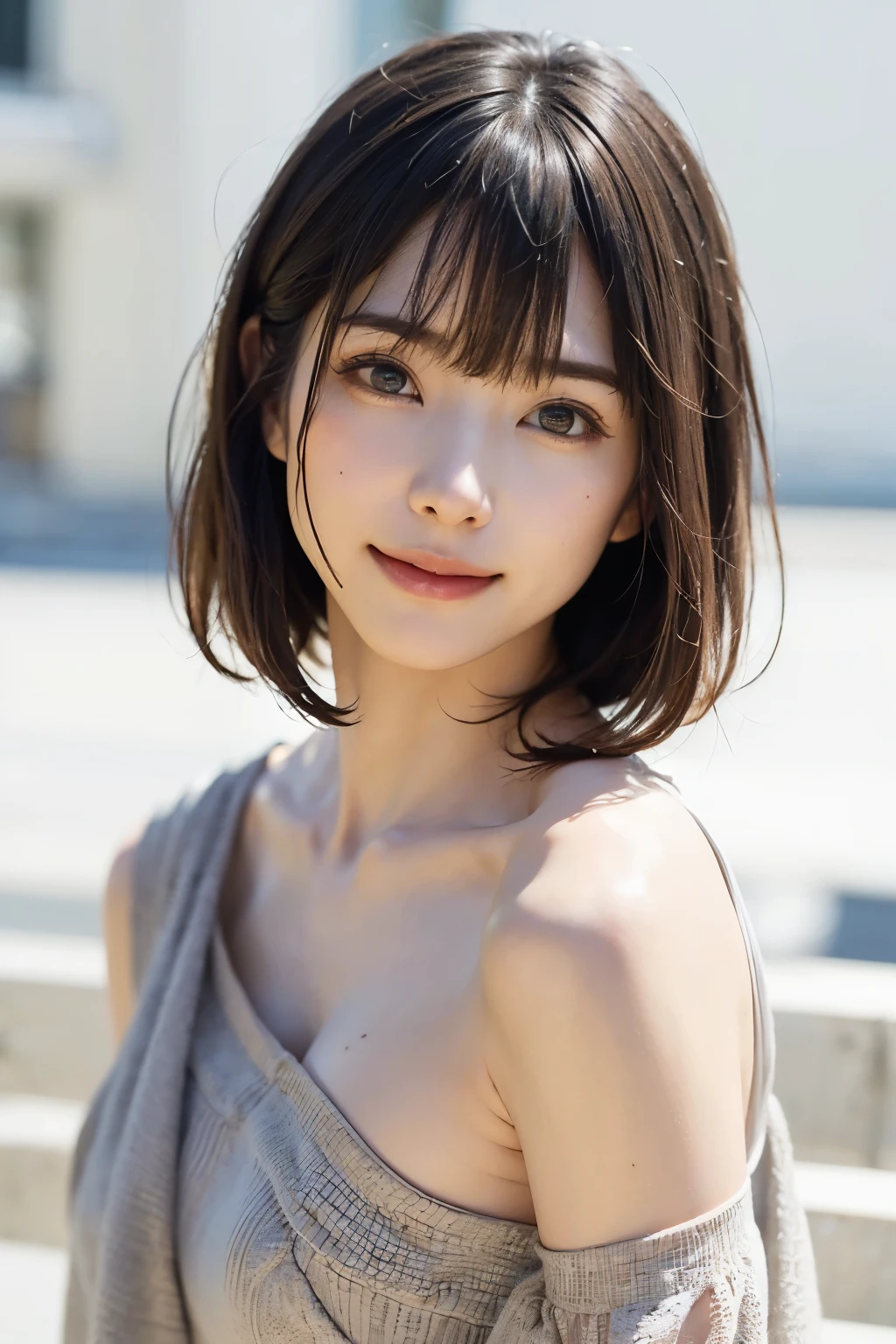 (masutepiece, top-quality、The ultra -The high-definition、Very attractive adult beauty、Add intense highlights to the eyes、Look firmly at the camera:1.4、Absolutely beautiful bangs:1.4、Brunette's short bob hair with bangs:1.4),1girl in, 独奏, A dark-haired, scarf, Hats,, realisitic, looking at the viewers, black eyes of light color, shorth hair, coat, Winter clothes, White headscarf, s lips, lipgloss,bangss, The upper part of the body、big eye、Lashes)、((Road system in Italy、Hyperreal Stick:1.4))、((Shorthair with bangs:1.4、Beautiful bangs with 46 points:1.4、{Gigantic|Big|Huge|Mega} breasts, cleavage、big eye、Put very strong highlights in your students、very Bigger breasts、gazing at viewer、Very beautiful beauty、Put your ears out、long neck、little smiling、Beautiful teeth、Open your mouth and smile))、28 year old、Very cute supermodel