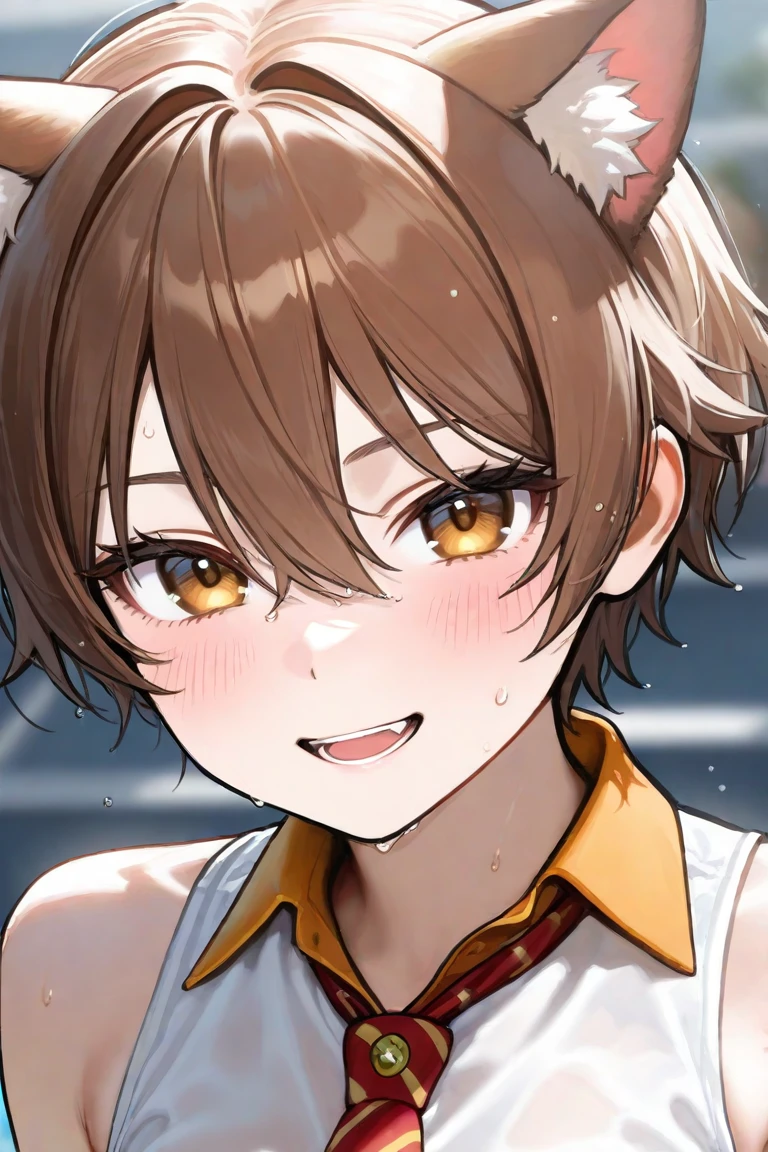 score_8_superior, break, Nagisa Fujima, alone, One girl,Brown Hair,short hair,Brown eyes,Sunburn, naked, Anime screenshots, Cowboy Shot, Sunburnlines, White background, Depth of written boundary, smile,Anime cel style、