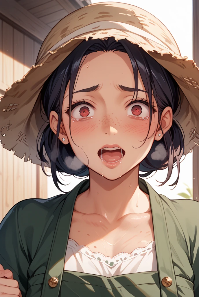 young Mexican woman, wearing traditional Mexican clothes, blushing, sweating, at a Mexican farm