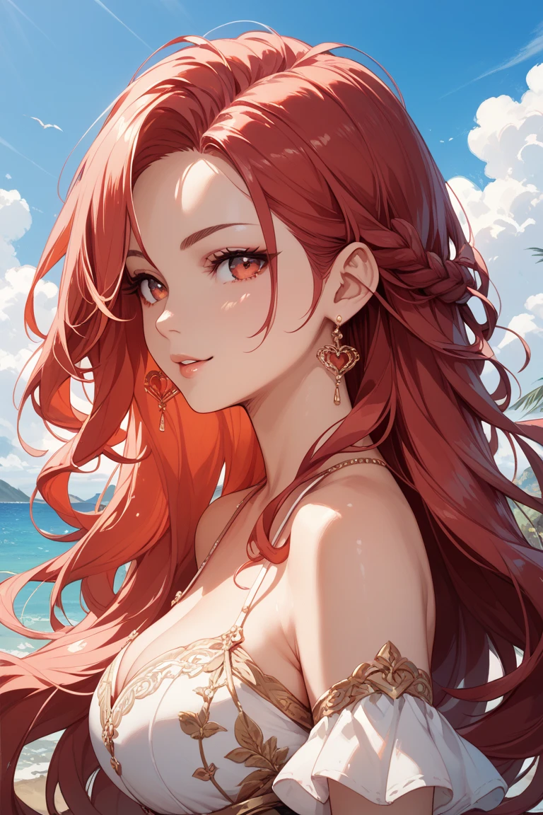 masterpiece, rich colors, Best quality, detailed, high resolution, Hyper quality, high detail, , high quality, detailing, skinny sexy girl on the beach , bright lighting , green eyes, Anime, palm trees, bright lighting, redhead,