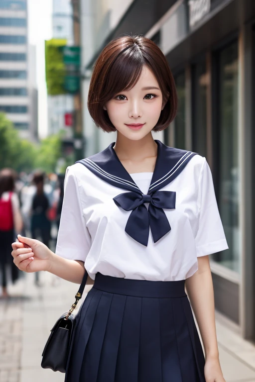 In 8K,Highest quality,The true picture,Intricate details,Ultra-high resolution,Depth Field,Masseter region,Natural soft light,Professional Lighting,1 Girl,(cute:1.2),Very beautiful 18 year old girl,Fine grain,((Brown eyes)),(Brown Hair),(Short-haired),(Skin without bangs,Glowing Skin,Pure white skin,Fine skin,Big and ample breasts,((Perfect Anatomy,Nice hands,Perfect hands,Five fingers connected to the palm))((Her panties slipped to the side、I can see her)).,,Perfect Bare Feet,Delicate legs,Perfect proportions,sexy,I can see your chest,((sailor uniform super mini skirt)),(tie),Black socks,Black leather shoes,Diving deep into the city,I can see your crotch,Showing your underwear on the street,Both legs are bent,(((Spread your legs wide in an M shape.,I can see your pussy))),Observe the audience、(((Big Breasts)))(Crouching pose)、((While wearing a miniskirt)),((Showing panties to the camera)),