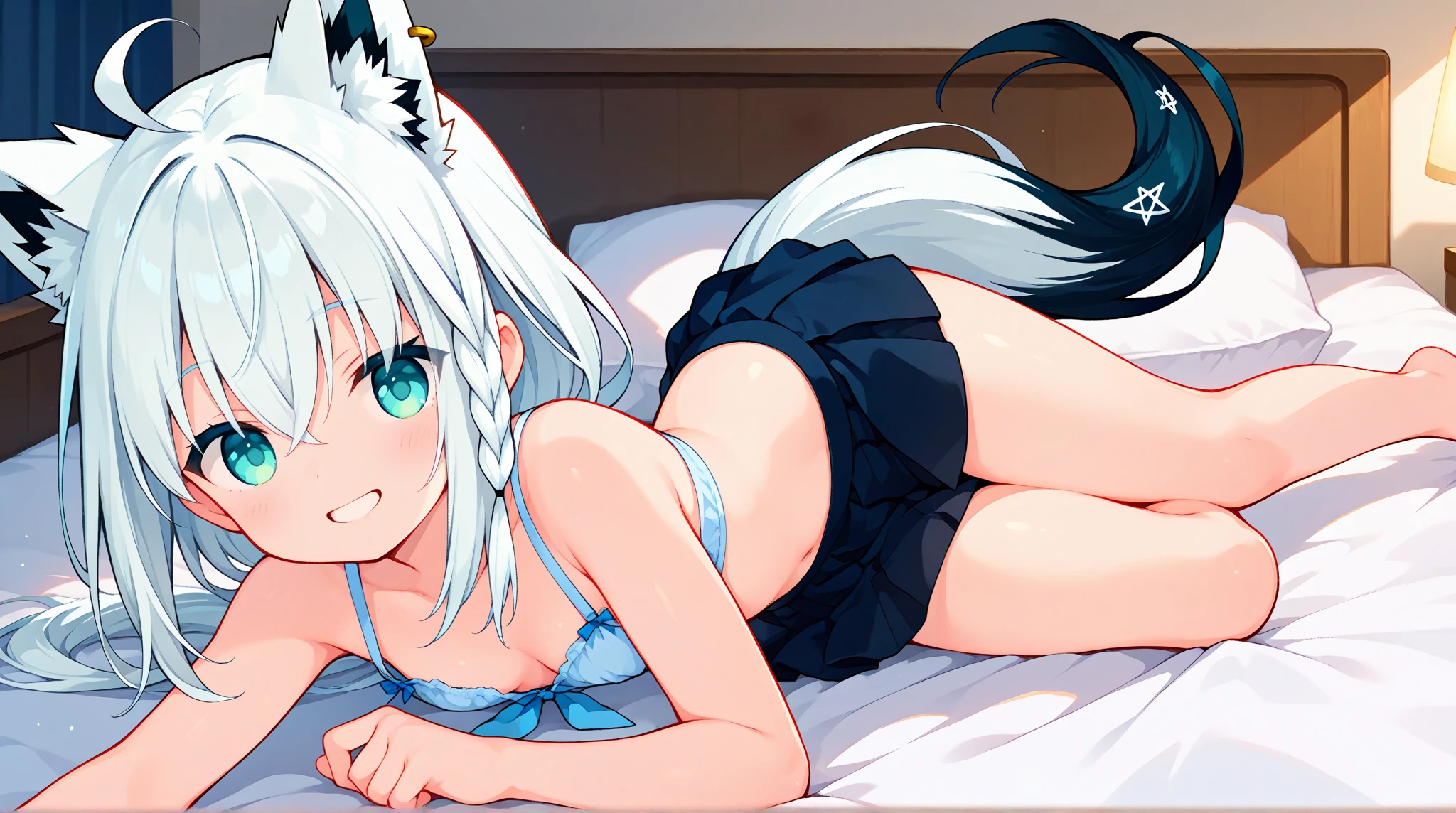 Masterpiece, Best Quality, 1 girl, Alone, long_Hair, Horse tail, looking_in_viewer, blush, SMILE, Hairband, disaffiliated_pop, one side up, Closed mouth, purple_Hair, Bikini, :3, simple_bottom, big breasts,