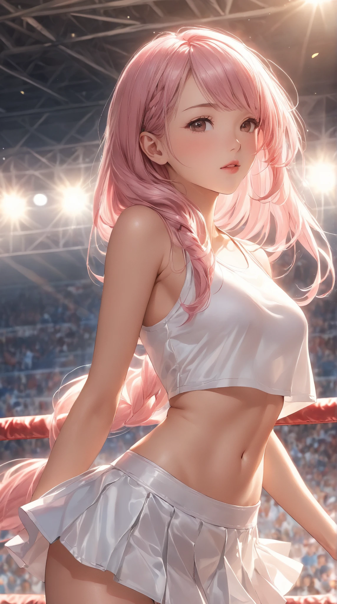 Cute girl with skirt belly punch in the corner of the ring,((masterpiece)), pink long hair,beautiful white skin、 ((charming))、happy smile、perfect proportions、(((Kickboxing)))、(((Mixed wrestling))), cute woman, baby face, BREAK source_anime, high detail, looking at viewer,POV, large chest, best quality, highly detailed, young face, white background,Droopy eyes, Calm face,A relaxed face,she attacks,frilly skirt