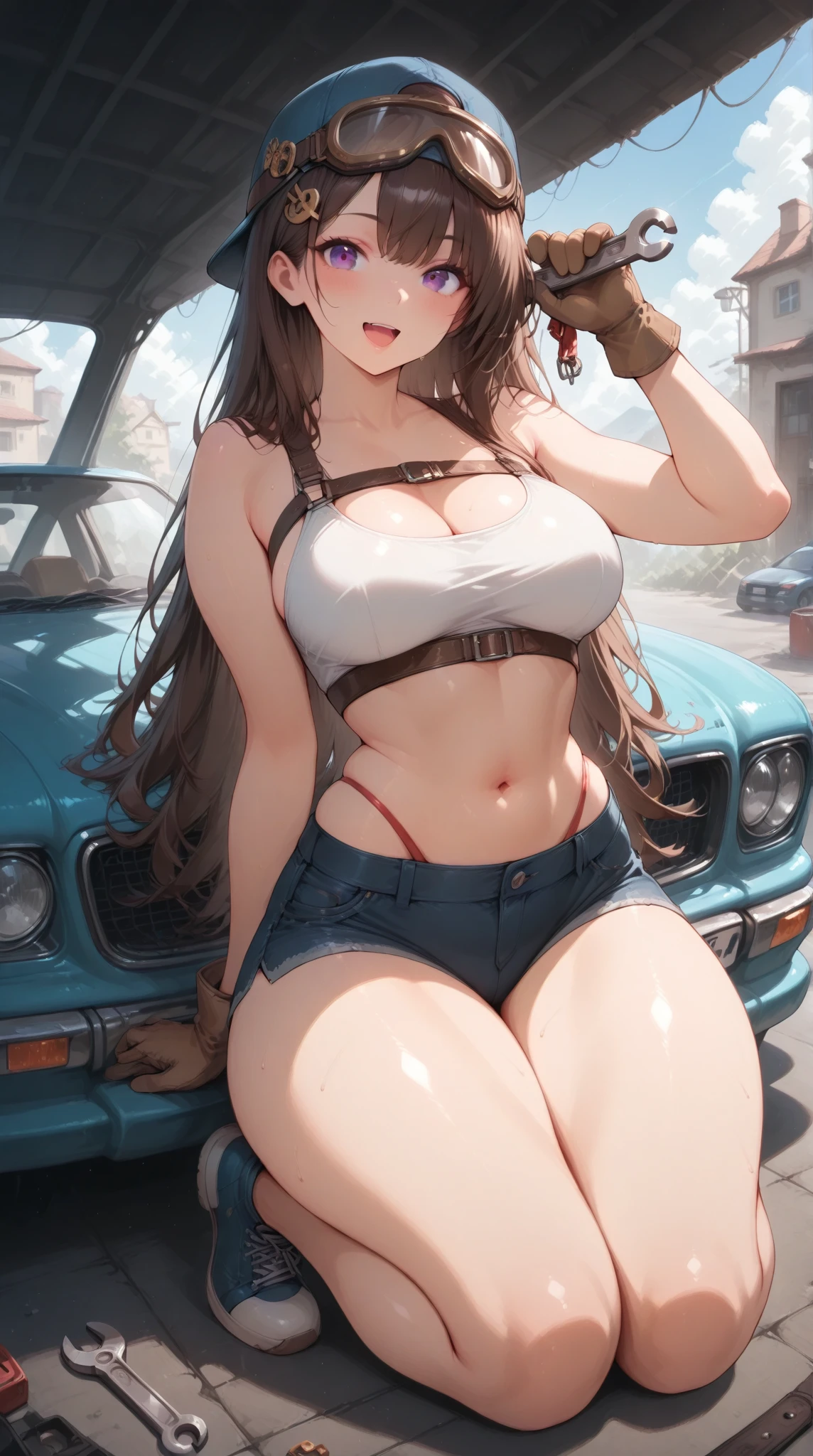 (Best quality, 8k, 32k, Masterpiece, UHD:1.2), kizuna ai, huge breasts,long hair, brown hair, multicolored hair, hair tied, pink hairband, pink highlights, streaked hair, smiling, black tank top, navel, navel piercing, tattoo on stomach, rippedjean panties, hose pipe, car , car wash , wet