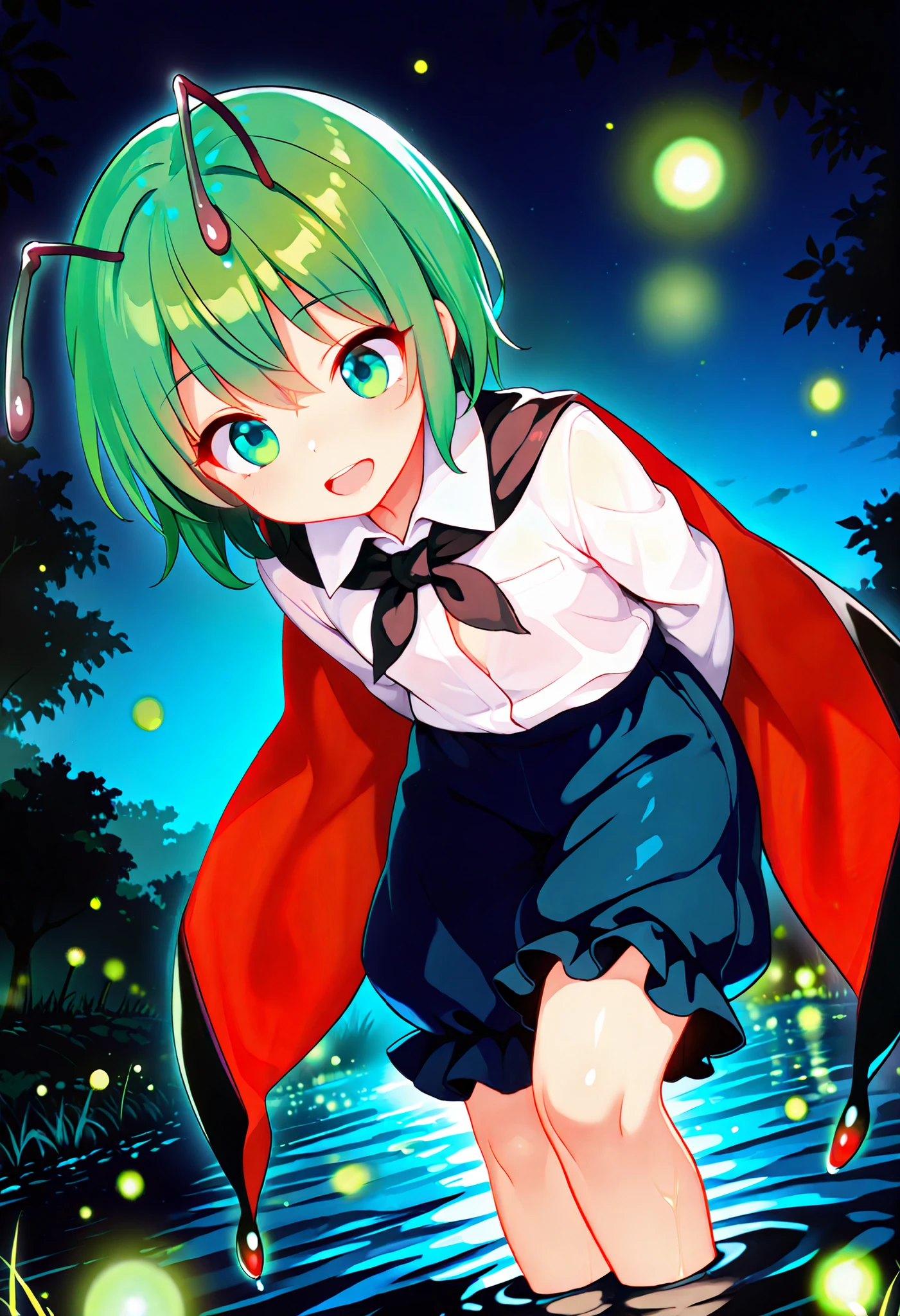 Masterpiece,Best quality, ultra detailed,Japanese Anime style, 1girl,((wriggle Nightbug)),(touhou project),boyish,green hair,short hair,short,mini,small chest, At night, outdoors, near water, fireflies are flying around,she dancing on the water,((beautiful light of fireflies,fantastic scene)),