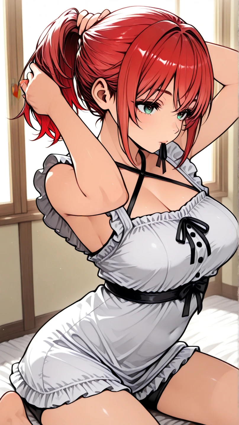 masterpiece, Best quality, arima_kana, Traditional maid, blush, Open mouth, looking_at_viewer, red_eyes, red_hair, short_hair, Solo, upper_body, Holding tray, Food, Blurred background, Restaurant, Chair, Indoors, Table, Window,(Masterpiece, Best Quality, High Definition), Kana Arima (Oshinoko\), Big Tits Big breasts Lying bed