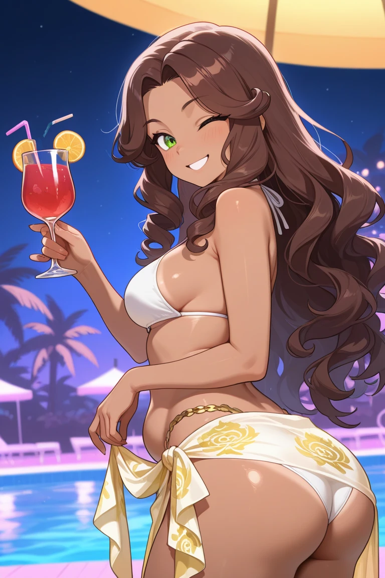 perfect face, perfect hands. A brown haired woman with copper eyes and an hourglass figure in a leather one piece swimsuit is smiling on a beach