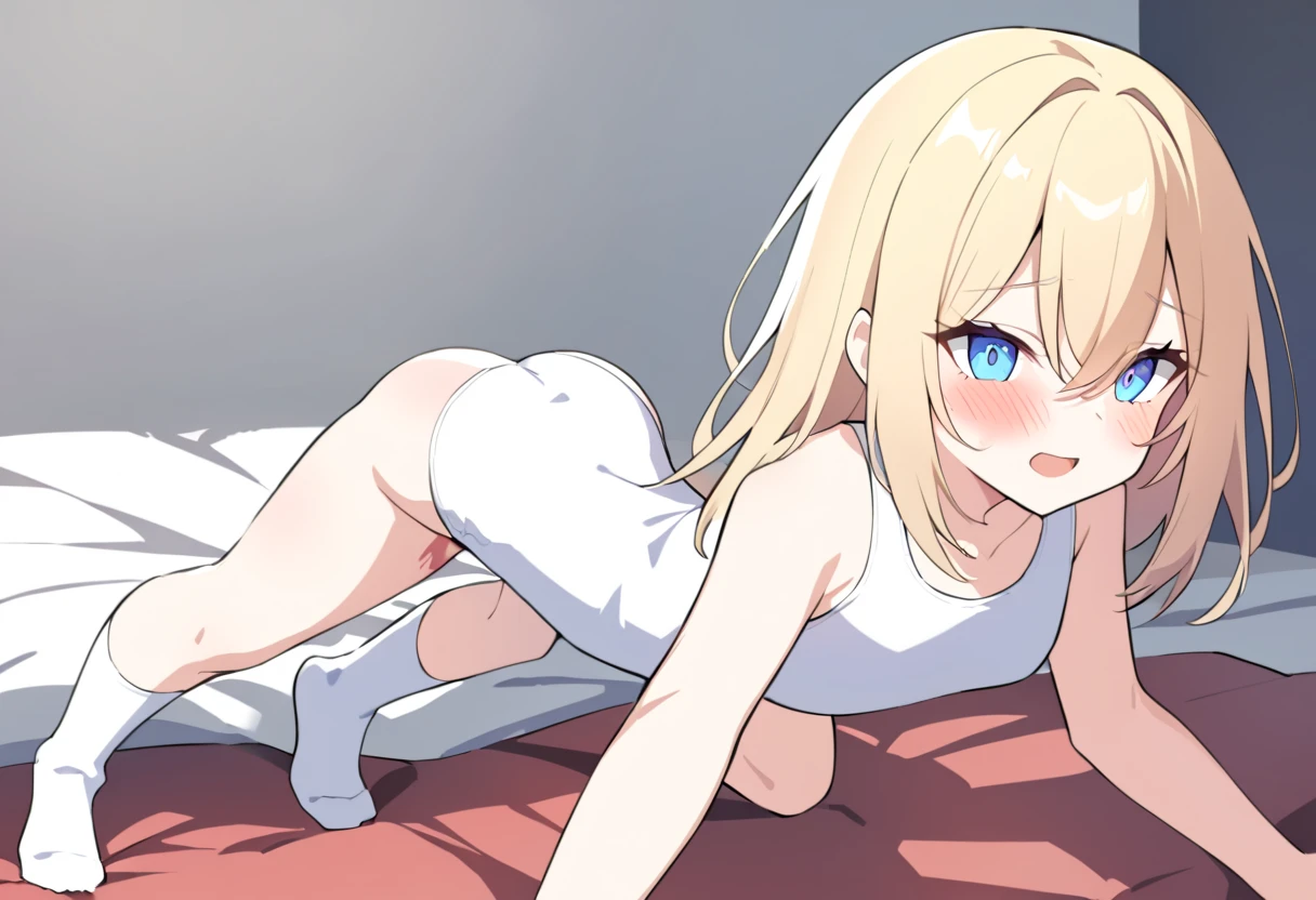 (Crossdresser),blonde low twintails,服の隙間Voyeur,On all fours,Voyeur,naked,Groin bulge,Side view