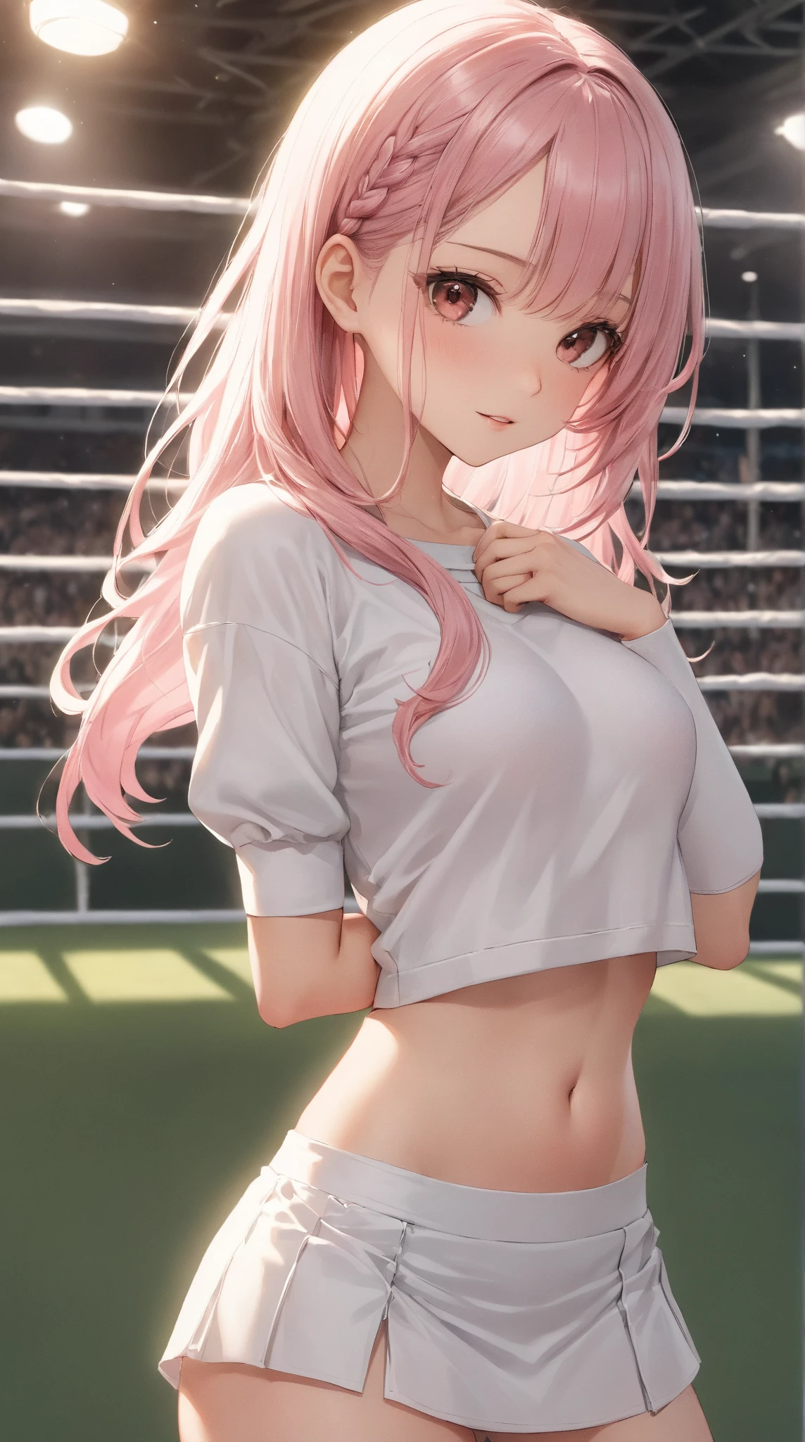 muste piece、masterpiece、highest quality、Super detailed、High resolution、8K portrait、High definition CG of Unity 8k wallpaper、cute type little:1.5、Lori:1.5、Highly detailed CG unity 8k wallpaper、Realistic、real person、 portrait photography、shiny skin、High definition、(16 years old:1.2)、(1 girl)、beautiful clear eyes、extremely detailed description、delicate face、nice lips、slender body、(thin waist)、thin legs、(Atlantic stadium track:1.6)、1 girl, cute type, perfect face, seriously, (blush:1.5),(pink hair twintails:1.3),(flat chest:1.4),((short sleeve gym clothes:1.2)),((clothing lift:1.5)), ((half nude:1.3)),(looking at view:1.2),(from front:1.2),gran,((climax in vagina:1.5)),(hands behind head:1.2),(squat:1.2)