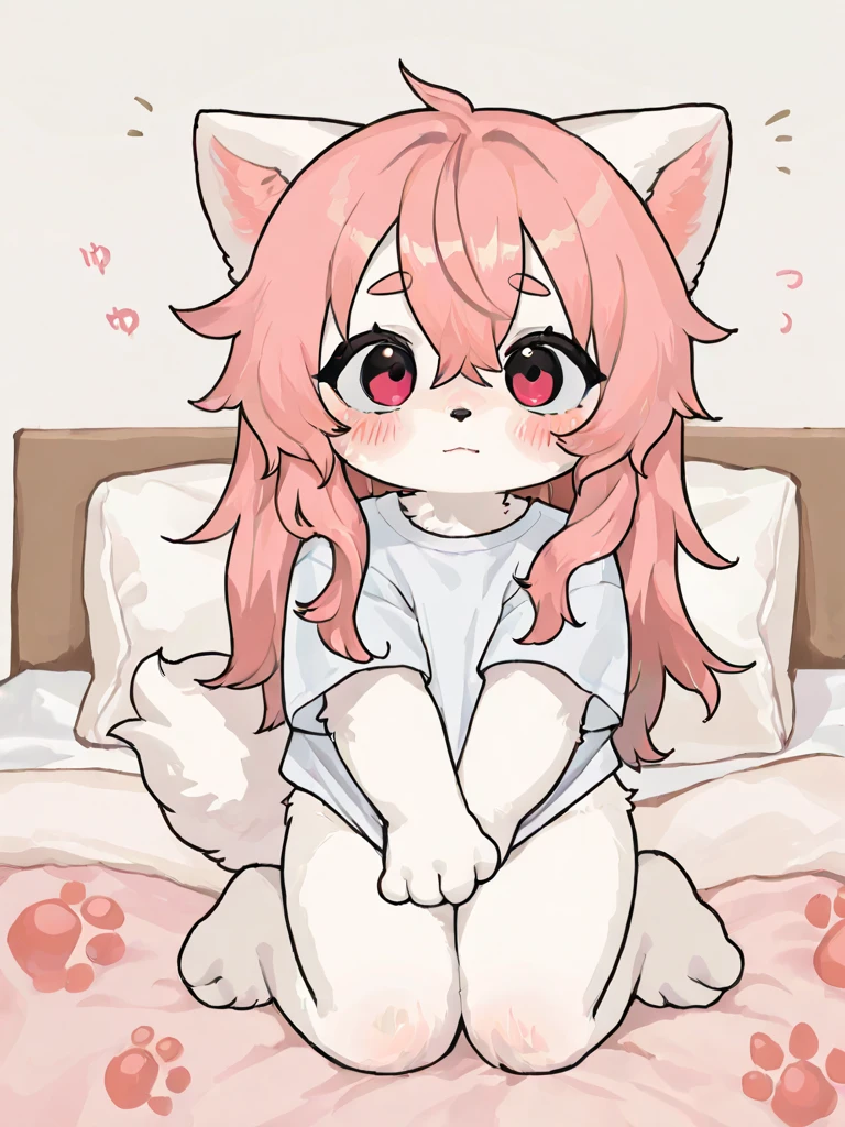 girl,hoodie,On the bed,Excited,Heterochromia Red Eyes Blue Eyes,Small breasts,Cat ear,Feline tail,claw pose
