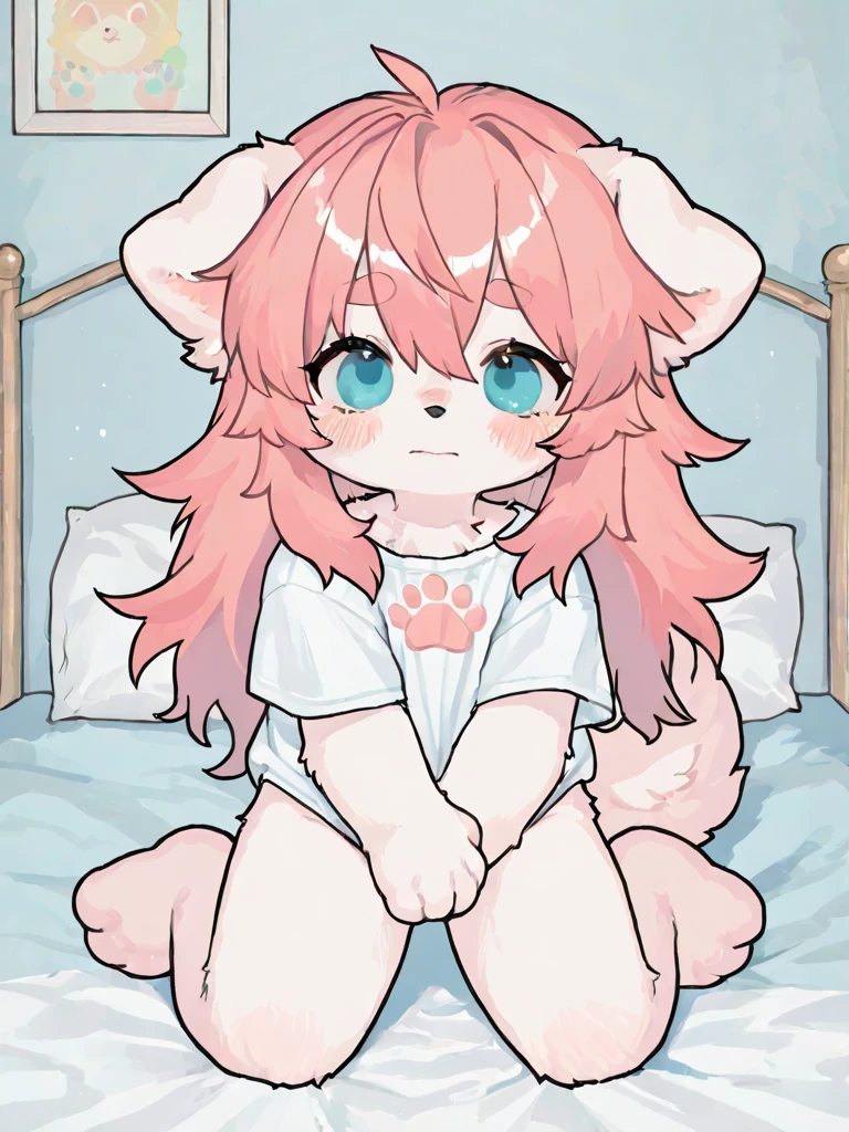 A chubby with pink hair and cat ears wearing a sweater and a skirt her belly is really big she sitting on a bed rubbing her belly