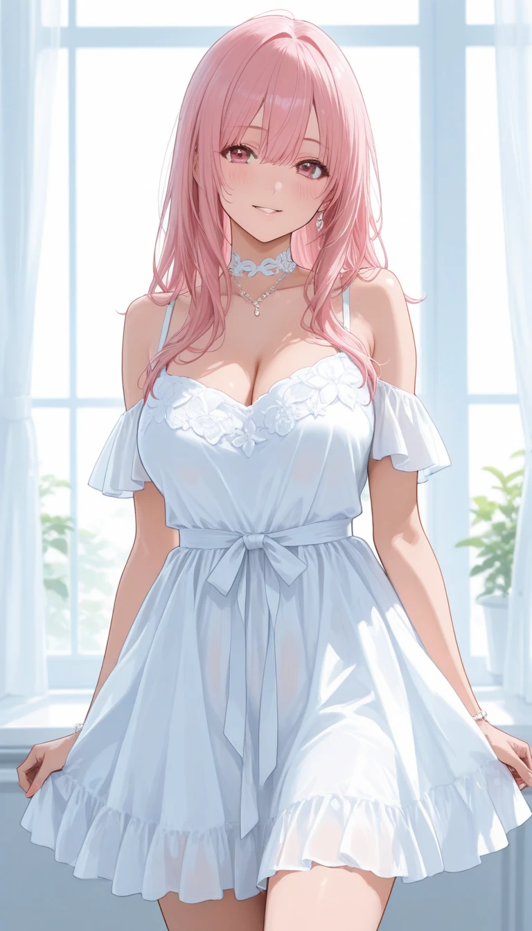 1 girl,Best quality, tmasterpiece, Long pink hair, blueneyes, Visually inspect the audience, Mouth sticking out tongue,The face is slightly red,is shy,full bodyesbian,adolable,Lori huge breasts cleavage,white dresses,sitting on his knees on the bed