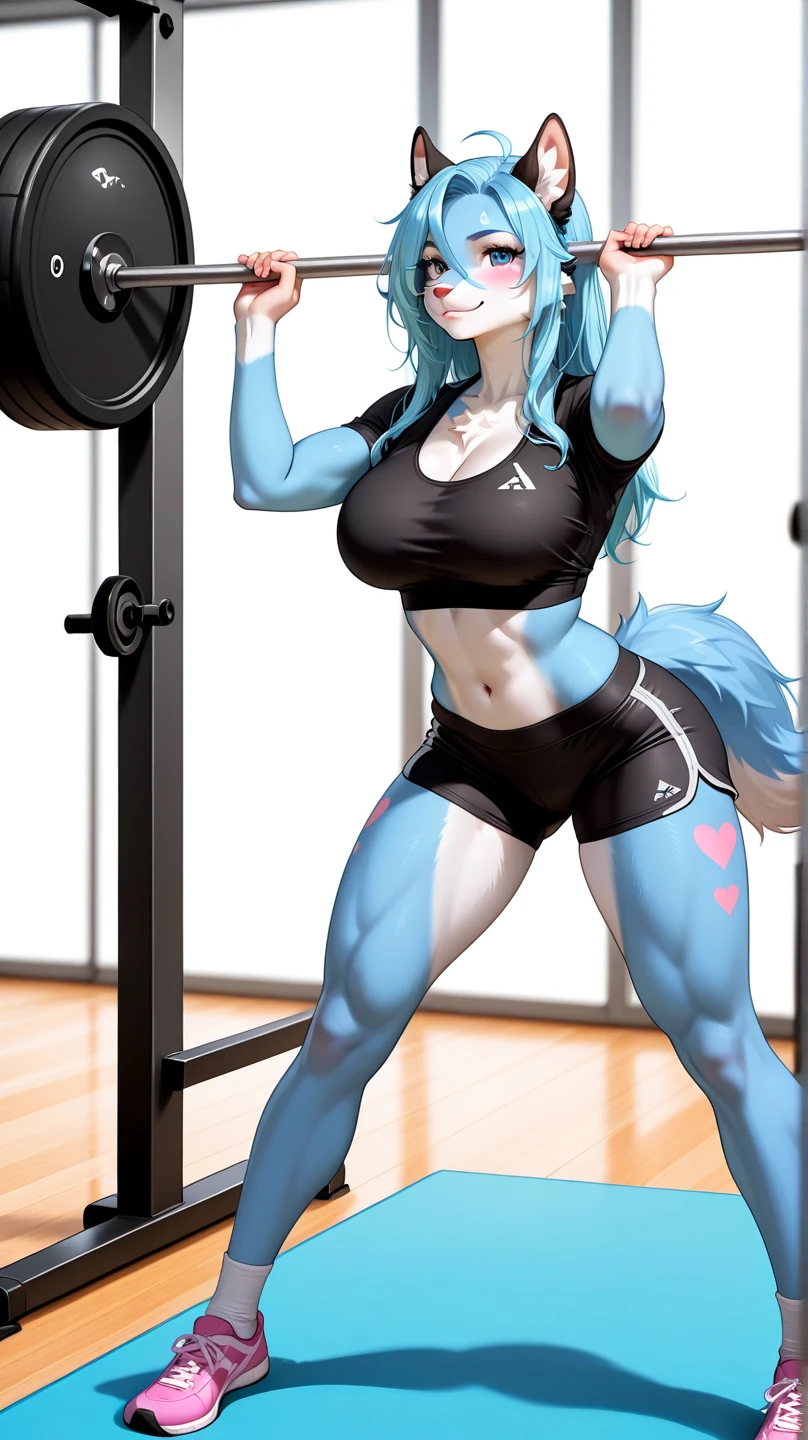 (Masterpiece) (High Detail) (High Res) A close up of a short little slim humanoid girl with pale human skin and blue eyes and long blue hair and blue dog ears and a fluffy blue dog tail and average breasts. She is stood in the gym and is wearing a pair of tight spandex short shorts, and sports bra and is taking a selfie in the gym. She is showing her butt to the camera. She is blushing and looks shy.