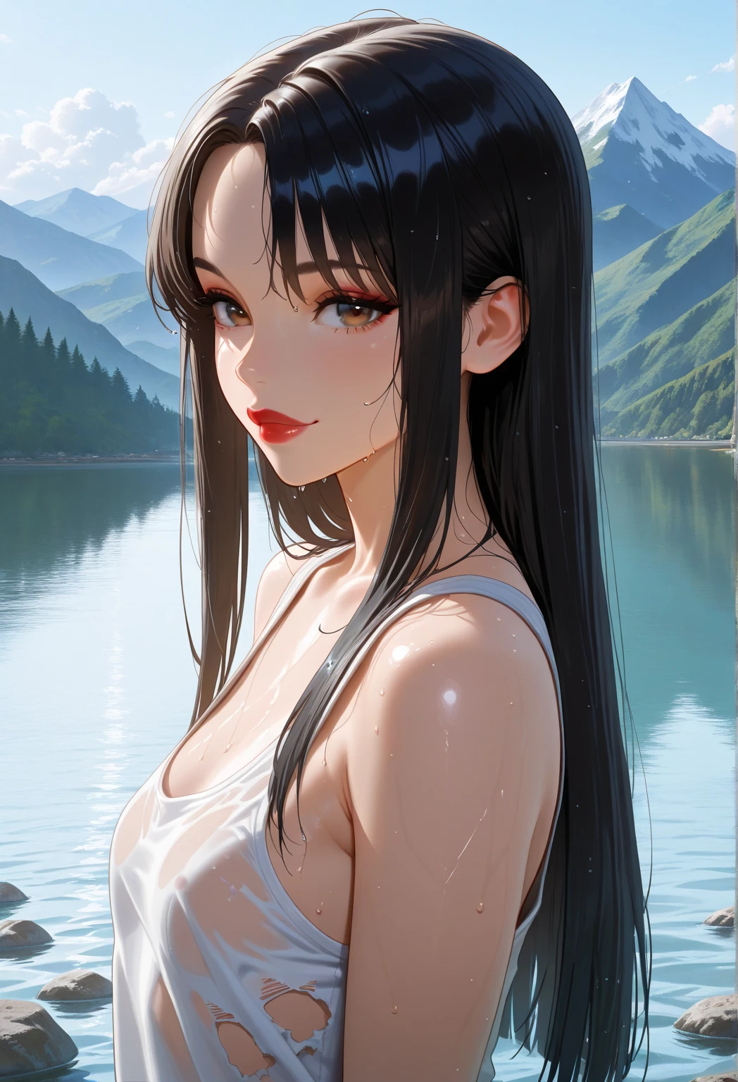 A beautiful girl, standing on a rock,black shorts,crop top,white top, wearing bag, holding stick,cute pose, looking somewhere,sweaty top,wavy hairs, black long hairs, beautiful eyes,red lips, mountains,from top view, beautiful sceneary,((high quality, 8k resolution, ultra high quality,best image quality,best image clarity)), sports top,large breasts,curvy body,fit body, blushing face,red cheeks,pink petals, beautiful trees, beautiful view,hairs waving through wind