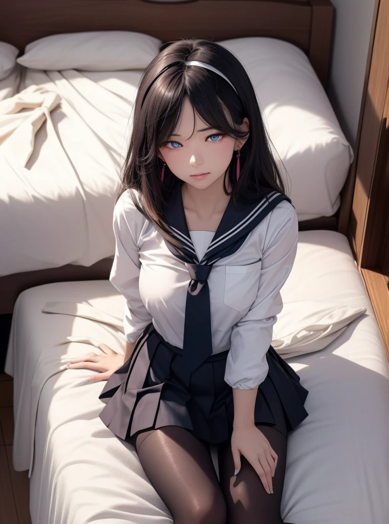 cute little、 lightsmile, Anime, Anime style, ghibli-like colors, a sailor suit、14age、I'm inviting、On the bed、A dark-haired、White underwear、Teasing your、de pele branca、Your is wet、Black socks、wide-open legs、embarrassed from、red blush。 Best Quality, , Textured skin, Super Detail, high details, High quality --auto