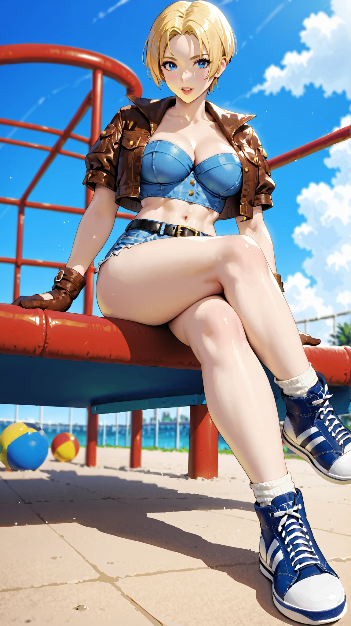 Midnight,playground,LuciaFF3Outfit,short hair, break 1girl, blonde hair, blue eyes,large breasts,wide hips, denim sports bra, brown jacket, gloves, denim shorts, black belt, socks, sneakers,sitting,leaning forward,legs crossed,masterpiece, highly detailed, dynamic angle