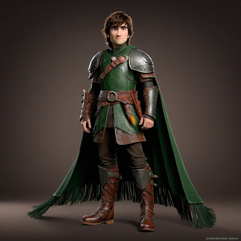Create a game emblem for the character Hiccup Horrendos Haddock III, protagonist of the series how to train your dragon, the character is about 20 years old, altura de 1.75 M, slim physical body, with a slightly curved posture, agile and slender body , rosto fino,  delicate jaw , slightly raised cheekbones, slightly messy brown hair, with a fringe that falls on the forehead. expressive green eyes with a gentle look, inquisitiva e determinada. Pele clara, com sardas no rosto. Roupa : dark leather armor (Marron e preto), made for dragon flight. Shoulders and plates with green and red details, symbol of alliance with dragons. Belt with tools and maps wrapped. Reinforced leather boots, sometimes with a cape on the back. Prosthesis on the left leg, made of wood and metal. The character is in stylized metallic circles adorned with elements of Norse culture and Vikings. solid and smoky background. Below the emblem a ribbon with the text 'Cruzz' in a robust and strong metallic font with rivets.