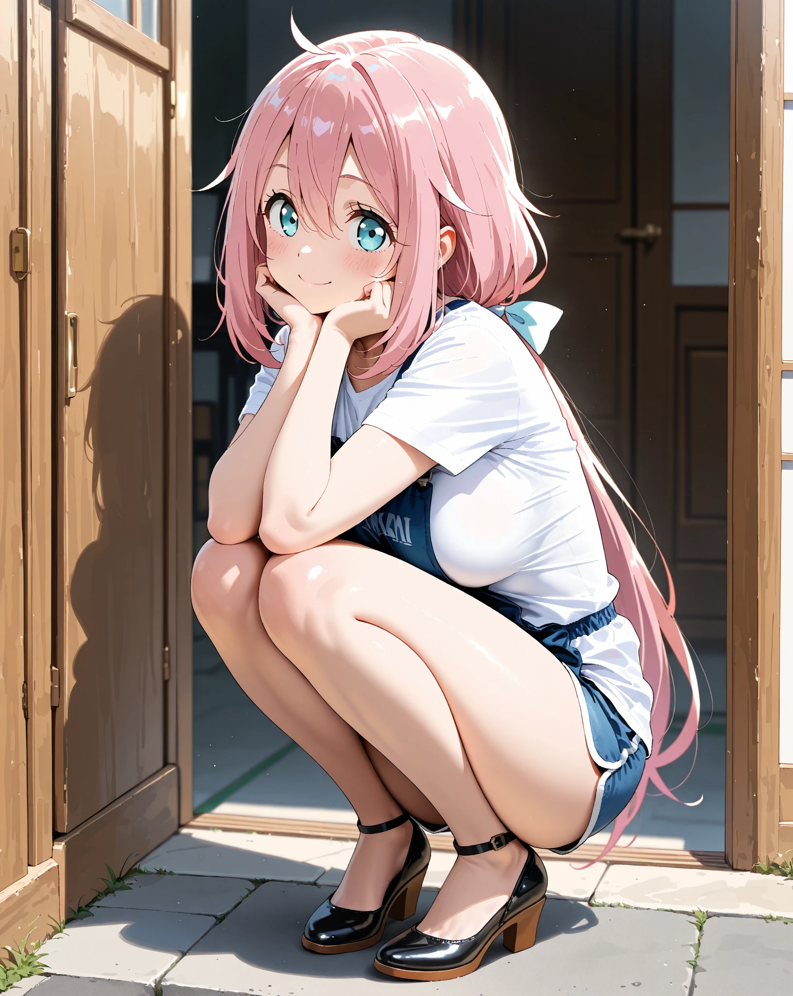 (High quality, High resolution, Fine details), Girly Fashion, (sitting), (Hugging knees), (Panty shot), solo, curvy adult women, pink hair, sparkling eyes, (Detailed eyes:1.2), smile, blush, Sweat, Oily skin, Soft tones, shallow depth of field