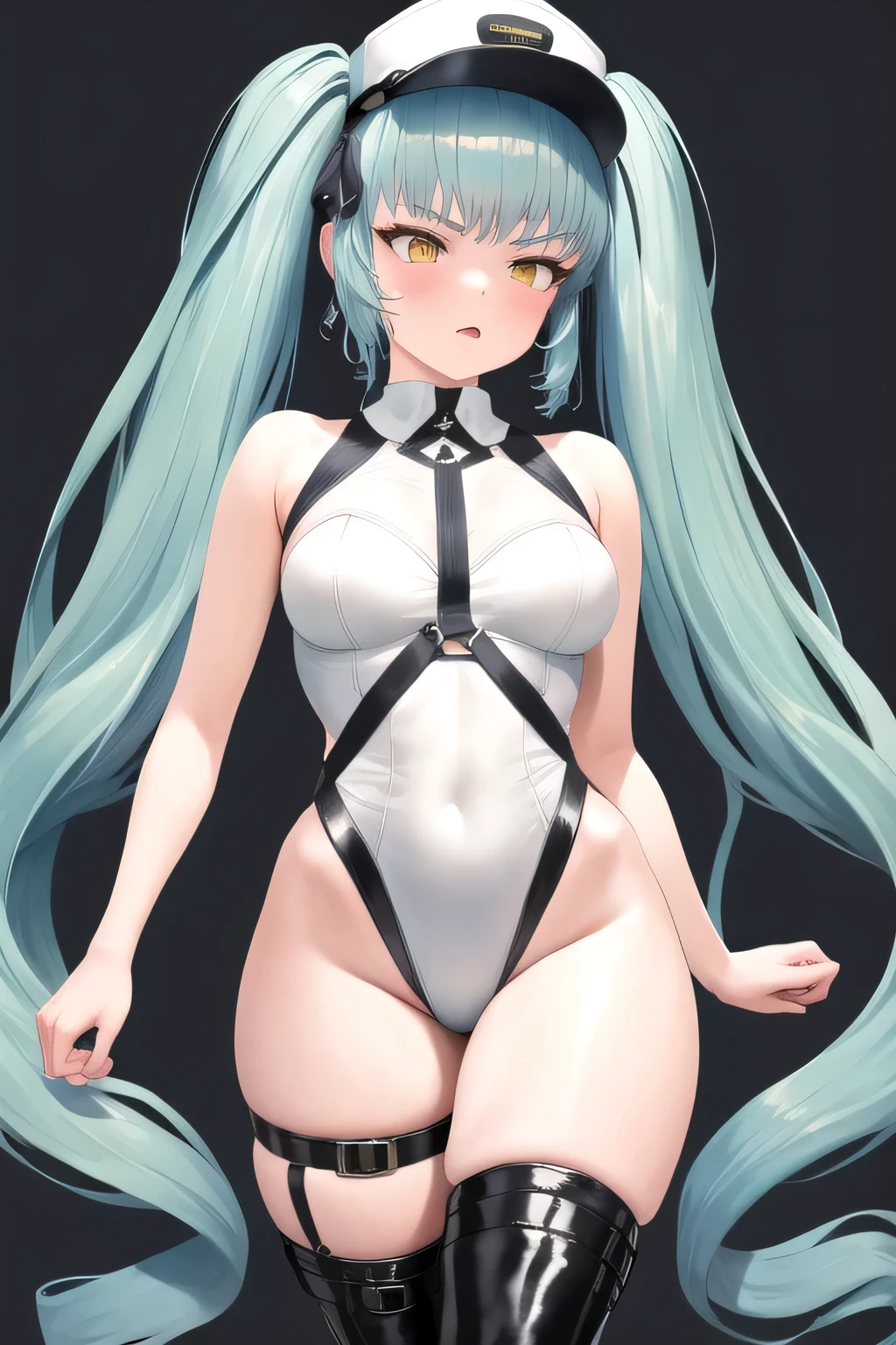 1 girl、solo、masterpiece、highest quality、gray hair、blue eyes、wavy hair、twin tails、slanted eyes、laughter、embarrassing、blush、big breasts、bondage、blue leotard、白いpantyhose床にしゃがむ、Open your crotch wide from side to side、spread legs、Please show your crotch to the camera、stare at the camera、put your arms behind your head、show off your armpits、nipple、Heart-shaped nipples、大きなnipple、スポーツGym、are training、Gym、pantyhose