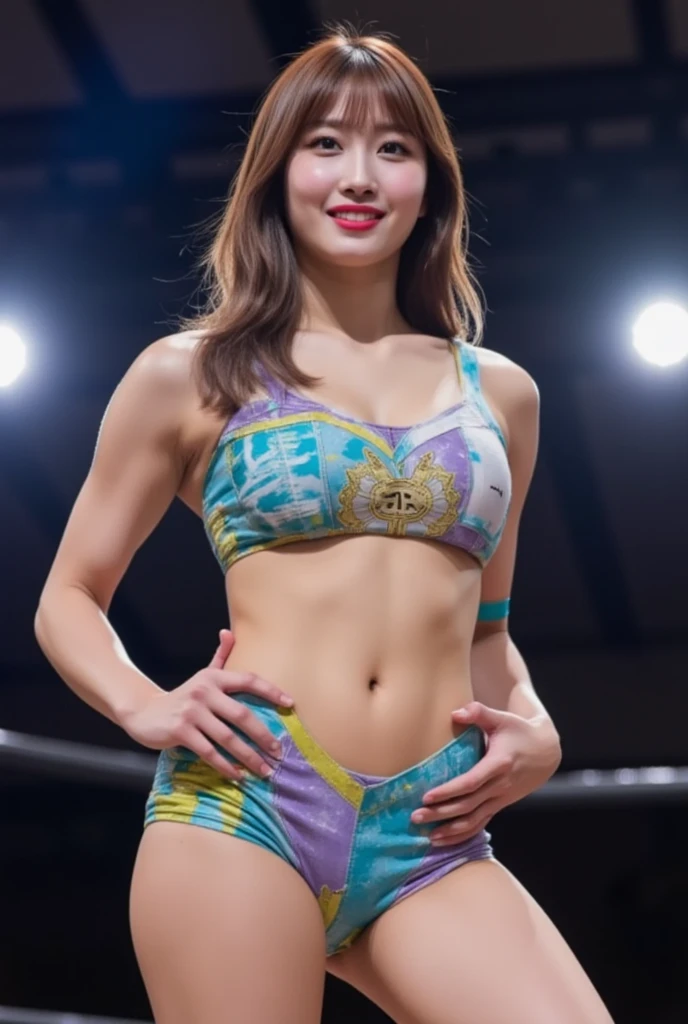 (I worship Korea),(K-NTR),((Highest quality)), ((masterpiece)),((extremely detailed CG 8k)),Beautiful face,Sexy 40 year old glamour model,((name)Yamaguchi Sawami),(expression)Smiling lewdly),((skin),Sweaty),((Tattoo)赤色と青色を使った卑猥なTattooと韓国語のTattooとハートマークのTattoo),Full body photography,((Body shape)Tall and voluptuous,Long legs,Voluptuous thighs,Large Breasts),((Line of sight)カメラLine of sight),((Costume)Two-tone color using red and blue),Captivating Gaze,,Arms raised and clasped behind head,Please show your armpits, Underarm,High sweat humidity,Sweaty portrayal,Standing on the ground with your feet apart,Looking down at the audience,The whole body from head to toe,Shiny all over the body,Colors inspired by the Korean flag
