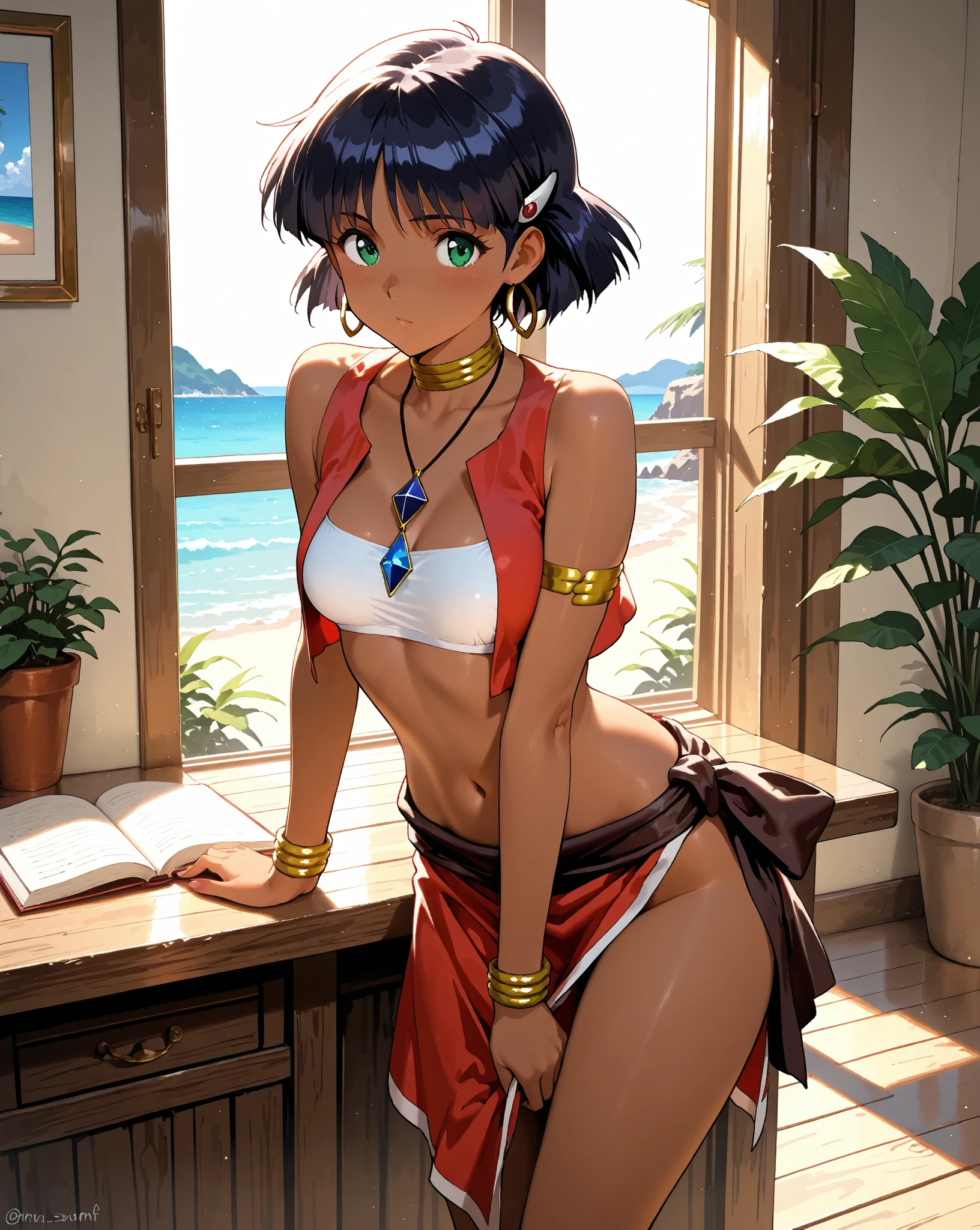 nsfw,(masterpiece, highest quality;1.3), Very detailed, One girl, alone, Detailed skin, View Viewer, Dark Skin, smile, Large Breasts,Cowboy Shot, Nadia,Dark purple hair, White bandeau swimsuit, Red vest,Gold Color, large light blue gemstone necklace, walk,