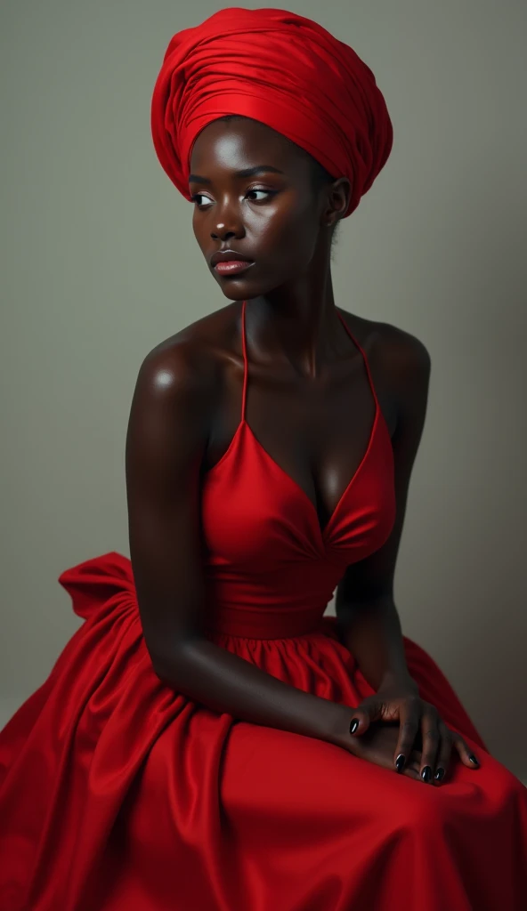 a woman in a red dress posing for a picture, a portrait, trending on cg society, afrofuturism, turquoise and venetian red, patrick demarchelier, diablo 4 queen, exquisite details, bust with a beautiful neck, official valentino editorial, dark skinned with a blue tint, jehan georges vibert, color contrast, gloss, samburu, benjamin vnuk, ad image] --ar 9:16