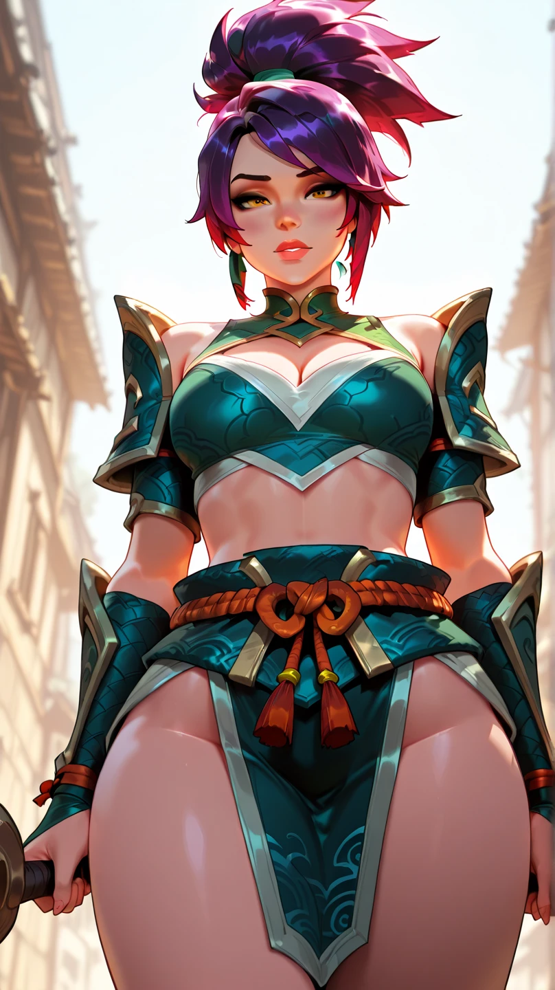 ((Full body. standing):2) (({Only 1/Female}):2):{((wearing extremely sexual Spartan warrior costume, short and tight on her body):1.5), ((extremely large breasts ):1.5), ((red mohawk hair, red eyes):1.5) ((tattoos all over body, blood running down body, looking at viewer, seductive smile):1.5), ((striking erotic poses):1.5) }; {((Background: Spartan city in ancient Greece crowded with Spartan warriors, with different colored hair style, Spartan army attire):1.5)}, Hyperrealism, 16k, ((best quality, high details): 1.4), anatomically correct , masterpiece, UHD