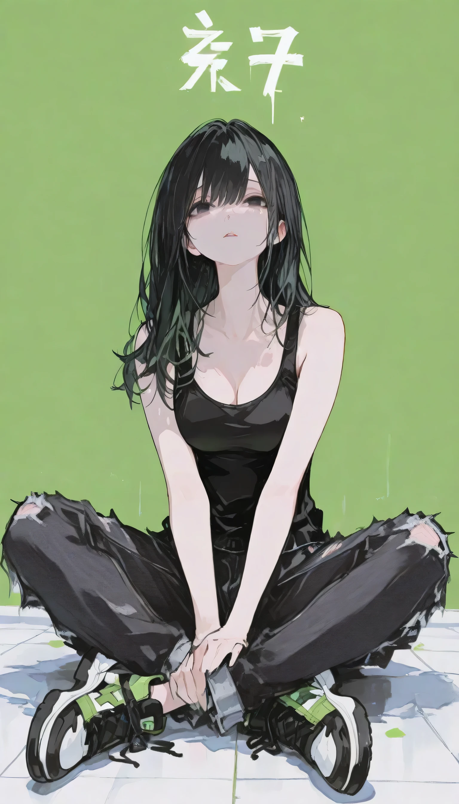 score_9, score_8_top, score_7_top, one young girl, 18 years old, full body, alone, sitting cross-legged on the floor, long hair, black hair with light pattern, smooth hair, black eyes, beautiful eyes, black tank top, open white shirt, long black ripped jeans, [beautiful breasts], empty green background