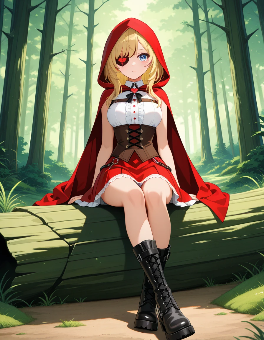 masterpiece,best quality, platinum blonde hair,dark blue eyes,breasts,hair flaps, messy hair,hair between eyes, very short hair, ahoge, <lora:RHG:0.8>, RHG, wearing RHG, red cape, red hood, black thighhighs, detached sleeves, strapless, gloves, (red skirt, red panties:1.2), dark foggy forest, dynamic pose, from below, skintight
