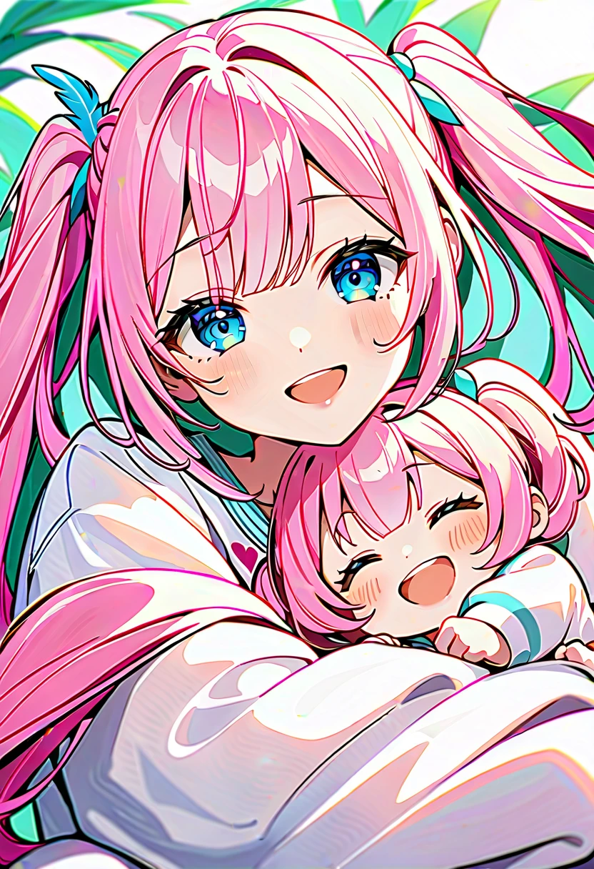 handsome older WOMAN，blue-eyes，blue pupils，Long pink hair，Hyperresolution，accuracy，Detailed rendering，（Subtle facial image）（Image of fine hair）（topquality）（Masterpieces of masters）（High degree of completeness）（A sense of atmosphere）tmasterpiece，Super detailed and super detailed（half-body portrait), long wavy pink hair, (((tHICK WAVY HAIR)))(((ANKLE LENGTH HAIR)))(((Blushing)))(((Huge breasts)))(((LARGER BREASTS))) large breasts, bigger breasts (((Bigger breasts))) (((Blushing))) (((Sakimichan))) (((Pink hair)))(((Focused))) (((Hair in a long ponytail))) (((Ponytail))) (((elf ears))) (((Smiling)))(((Queen with baby)))(((Mother holding baby with green eyes))) (((Holding baby)))(((Baby has green eyes and blue hair)))