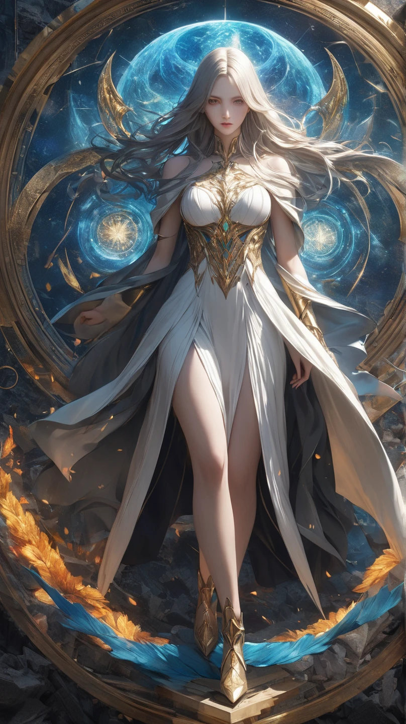A beautiful woman with perfect features stands near perfection, her shapeless long hair cascading down in intricate waves, adorned in a Rococo style evening dress. The ethereal background radiates abstract beauty, with intricate details that align with the Golden Ratio. The minimalist design, though unfinished, showcases a concept art piece by Brian Froud, Carne Griffiths, and Wadim Kashin. The high-resolution image, rendered in 8k post-production, exhibits every detail with pinpoint sharp focus and superb intricacy. Studio photos reveal the perfect form of the woman, with her skin displaying intricate textures that seem to shimmer under the