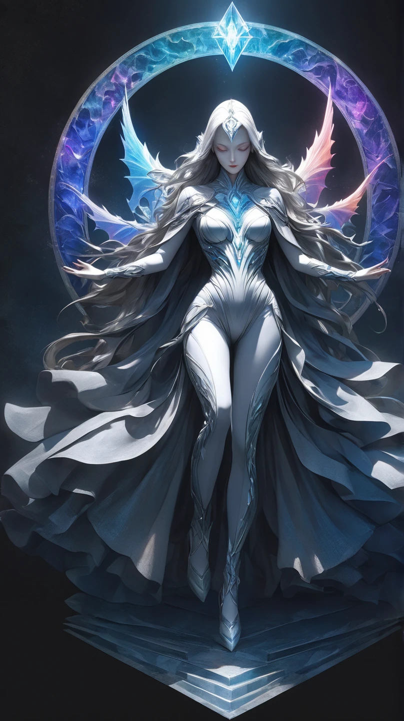 award winning 64k concept art of (black 1girl:1.2) in white majestic open dress standing proudly on the ice, posing, epic, god rays, centered, upper body, (masterpiece:1.2), (best quality:1.2), Amazing, highly detailed, beautiful, finely detailed, warm soft color grading, Depth of field, extremely detailed 64k, fine art, stunning, iridescent, shiny, (light reflections:1.2), (crisp:1.5), silver curls, storm, vibrant, sunlit, (edge detection:1.2), absurdres, impressive, 120mm, sidelight
