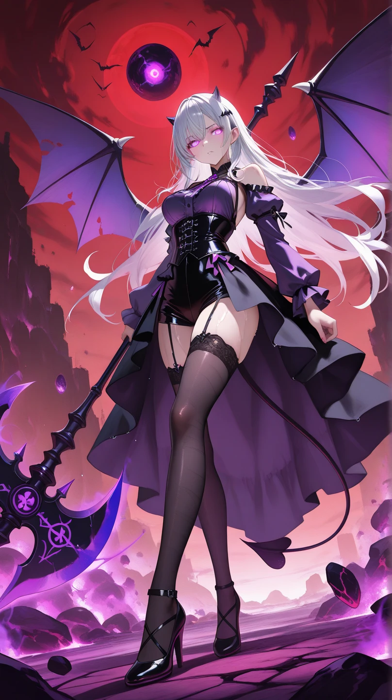 Adult girl, long white hair, high ponytail, pink eyes, bat wings, black rich dress, anger, masterpiece, high quality
