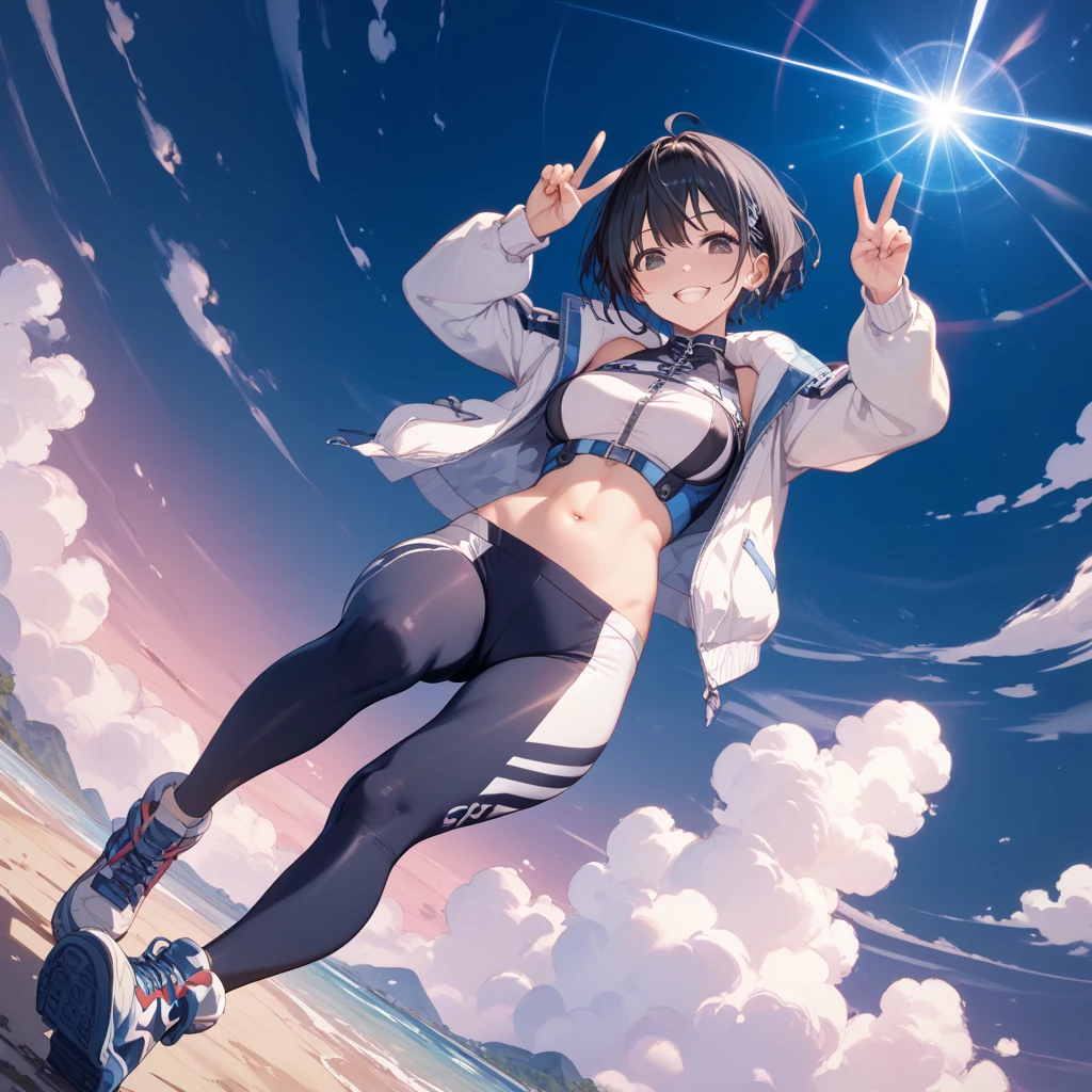 Wide coast、cumulonimbus、Denim shorts、White organic jacket、belly button、Cute Jump、Angle from below