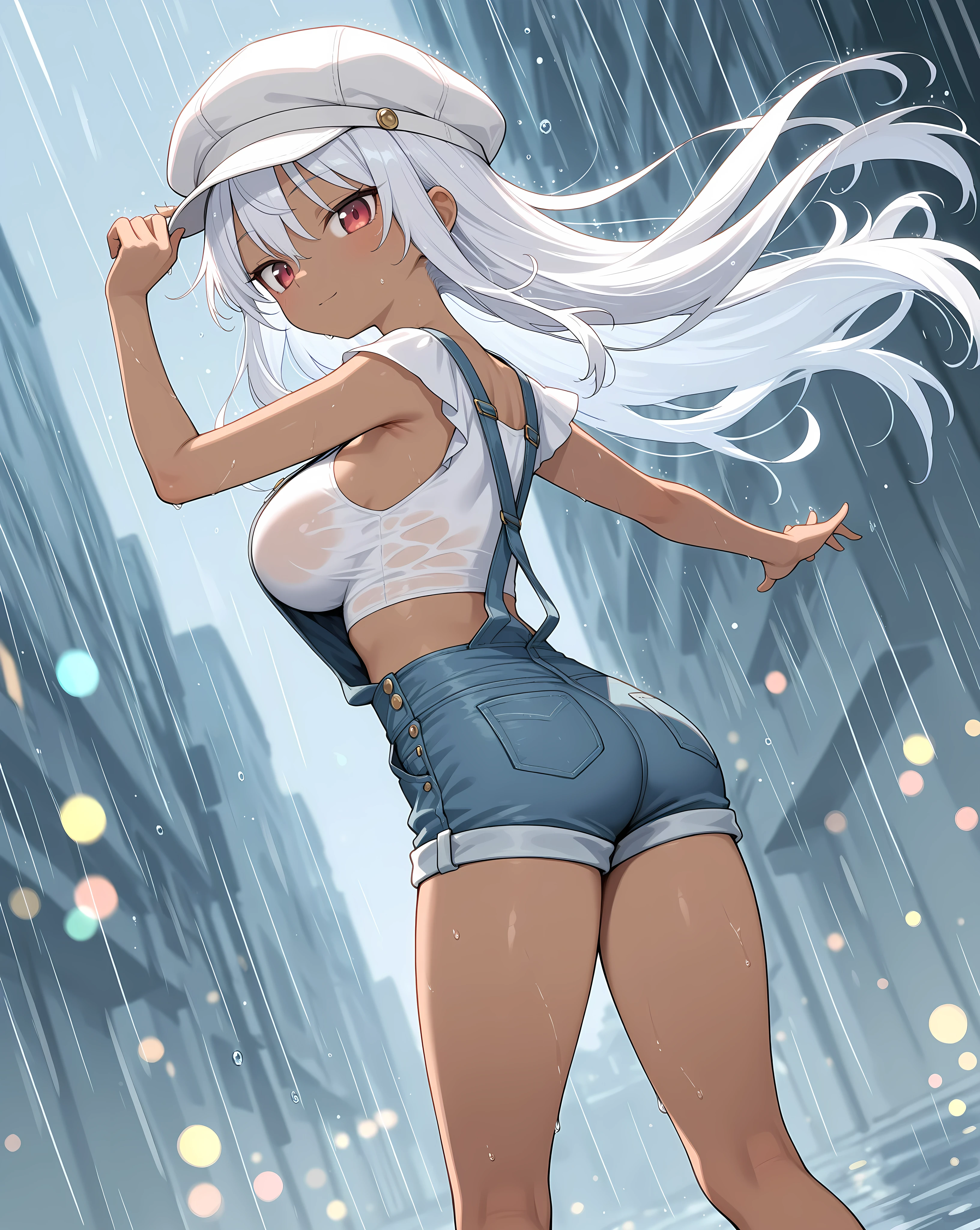 /draw [retro anime], old anime, 1980s \(style\), 1990s \(style\), watercolor \(medium\), (feminine gym shorts), (hoodie), ((best quality)), ((masterpiece)), [detailed], [anime and manga image], [captivating], [enchanting], ], {ponytail}, oldschool, solo, [dark skinned female], white hair, (large breasts),  (hyperdetailed:1.15), [detailed], ((best quality)), ((masterpiece)), (soft light, sharp:1.2), (illustration, uhd, unreal engine, sharp focus,), op quality, best quality, official art, ultra detailed texture, ((art by takehiko inoue)), [pixiv],white hair, ponytail, dark skinned female, large breasts, hindu bikini armor,