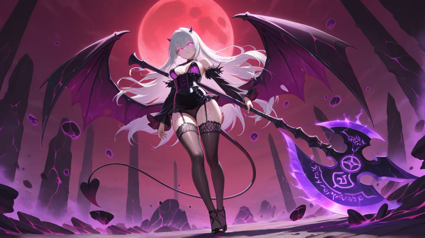 A female demon with elf ears and demon horns in the open air as the aggressive wind passes by carrying away the leaves and branches, um rosto maduro com um sorriso perverso e maligno dentes de vampiro, e corpo volumoso com seios e busto enormes, seios enormes, seios, Long silver hair with purple locks that dance with the wind ,(purple and yellow demonic eyes), ((Heterocromia)), widow's clothing, espada dupla, unhas grandes longas e pontiagudas. Bosque com natureza, brazi, arbustros, animais em lua cheia durante a noite, Moda realista, sysie high definition details, fotografia, perspicacity, unique 850 4, Koda850 k portrait camera, Primavera F1.6, cores ricas, Textura super realista, textura de luz espetacular, arte surreal, Cinestil 800 mecanismo de moda,