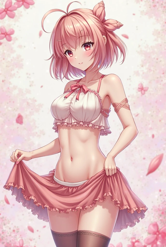masterpiece, best quality, highres,
UnderwearDef, 1girl, solo, pink hair, pink eyes, colored eyelashes, short hair,
thighhighs, bare shoulders, pink bra, underwear, pink panties, panties, sidelocks, thighs, pink thighhighs, bra, highleg, garter straps, underwear only, lingerie, garter belt, thong, string panties, g-string, lace bra,
cowboy shot, looking at viewer, arms behind head, armpits, outdoors, forest, field, sky, blue sky, sunlight, grass, forest, <lora:Underwear:1>