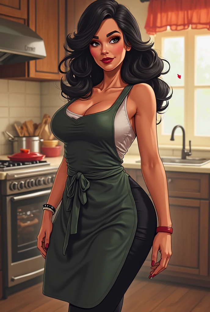 Create a realistic image of Betty Boop, short black curly hair, large firm uplifted breasts, wearing a green halter top and green tight fitting short shorts with a brown belt, showing large mid drift. She has large hoop earrings and a necklace with a pendant. The background is an indoor setting with a modern kitchen, featuring coffee machines and other appliances. The lighting is warm, suggesting a sunset through the windows, creating a cozy and inviting atmosphere. The woman has a confident and approachable expression. Ultra realistic photo, vibrant colors, 16k