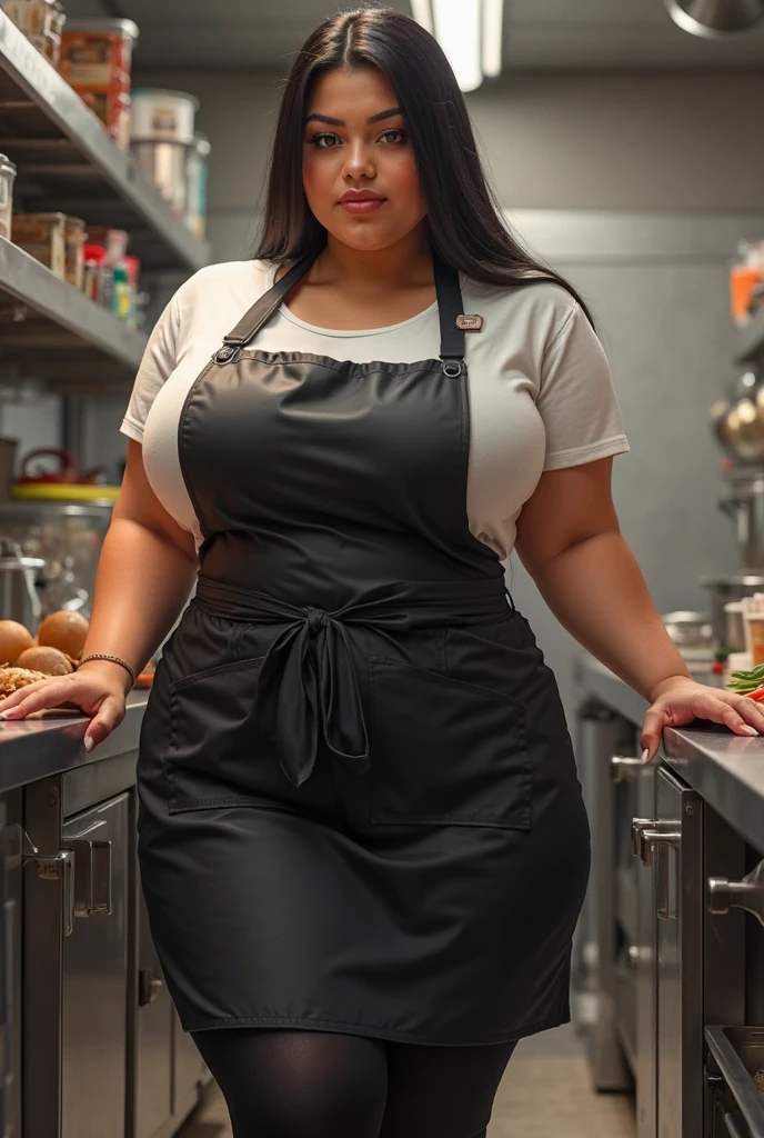 a fat woman with glasses and black hair in a ponytail a ugly face wearing an apron and her tits is protruding through the apron fabric