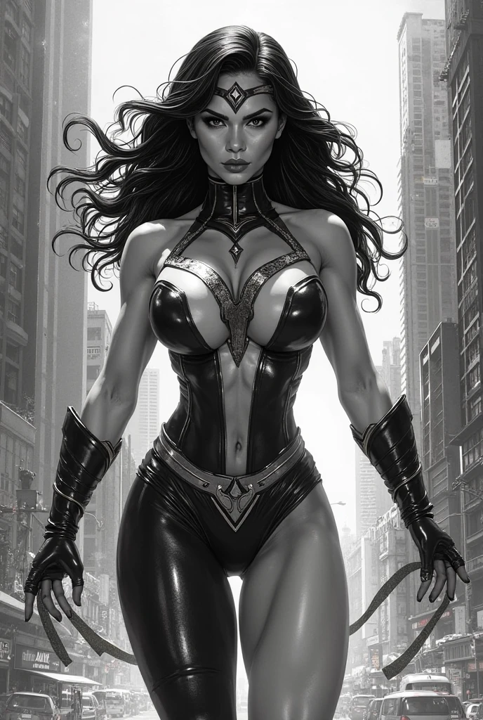 A stunningly realistic dark fantasy portrait of a tall, leggy red-haired woman with a chiseled abs, small waist, large emerald green eyes, and plump lips. She stands confidently, her body displayed in all its glory. The background is a mix of dark, brooding colors, with some ethereal elements, creating an atmospheric and mysterious setting. The overall tone of the image is a blend of beauty, power, and darkness., dark fantasy, portrait photography, painting