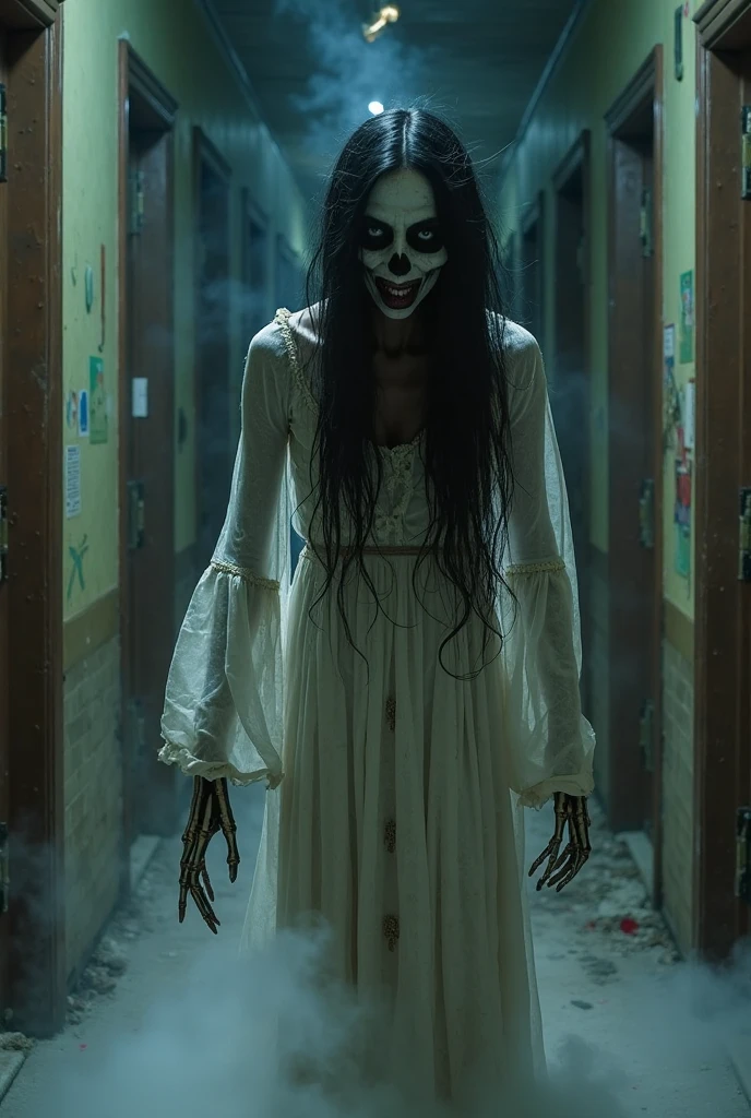 Spooky Girl、He looks at us with a knife in one hand and grins、Hallway in the room、An ultra-high picture quality、超A high resolution、8K、16 K、Live action、Bloody、Glo