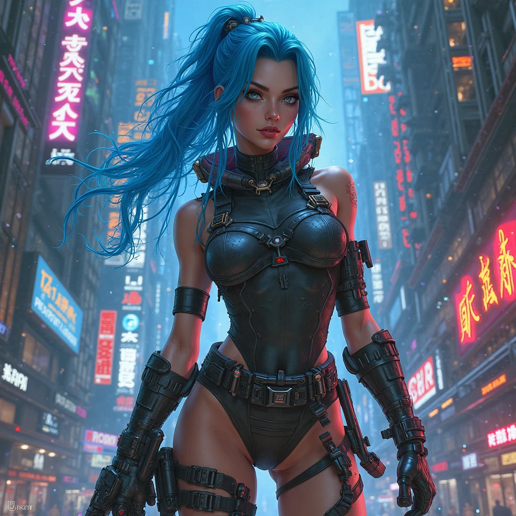 shiny eyes, looking at viewer, [:(detailed face:1.2):0.2], Jingyi with long hair, high res, 1girl, (:1.2), greek, Tongliya, (masterpiece:1.4),(best quality:1.4), 1girl, bangs, beach, naked, dark night sky, blush, breasts, cleavage, exposed nipples, curvy, day, small breasts, lips, long hair, looking at viewer, navel, parted lips, skindentation, solo, thick thighs, thighs, very long hair, realistic, (oily skin:1.2), good hand, highly detailed, (A highly-detailed digital painting of a fierce and futuristic cyberpunk woman, with slicked-back bright blue hair and glowing augmented eyes, standing in the street of a dystopian metropolis. She's dressed in a mix of high-tech armor and punk-inspired clothing, with multiple cybernetic enhancements visible on her arms and legs. Her expression sultry, enticing a male. The city surrounding her full of vibrant neon lights and flickering holographic advertisements, with towering buildings and flying cars adding to the chaotic and futuristic atmosphere. In the distance, a massive corporate headquarters looms, hinting at the power struggles and conflicts that define this world:2)