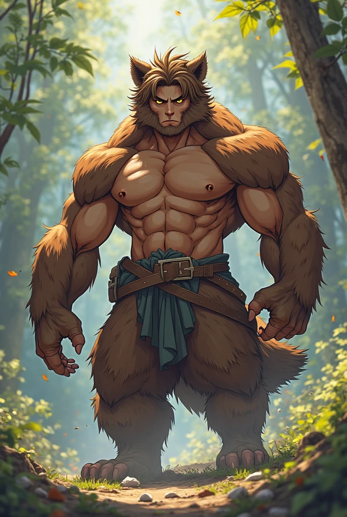 Werewolf Muscles Furry Golden Eyes Male Majestic Bare Upper Body Confident Strong Arms Abs Broad Shoulders Big Page Biceps Very Muscular Strong Chest Night Forest