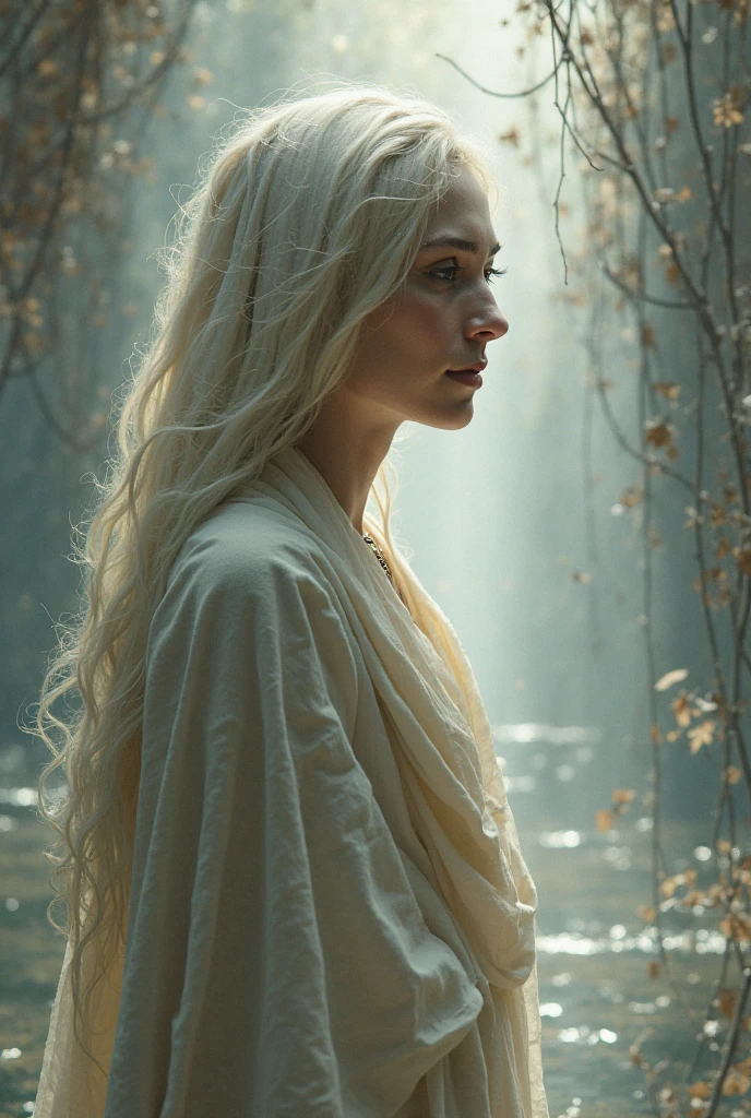 NSFW、hightquality、high-level image quality、hight resolution、a picture、Perfect human body structure、1 Beautiful Girl、full bodyesbian、A sly smile、elvish、Crystal clear silver hair、fullnude、White and thin silk robes disheveled、Wet and snugly attached to the skin、Open crotch、Forest with springs、Pose Seductive, young