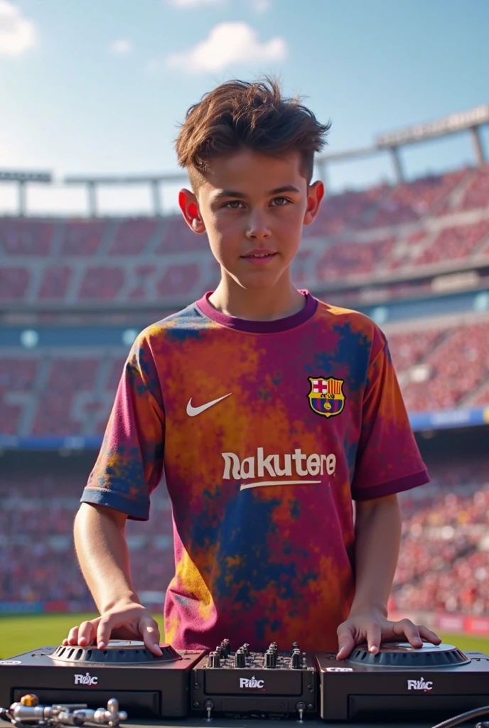 Create an image of a child with the Barcelona 2024 uniform and the Qatar 2022 World Cup ball with a white background without a shadow