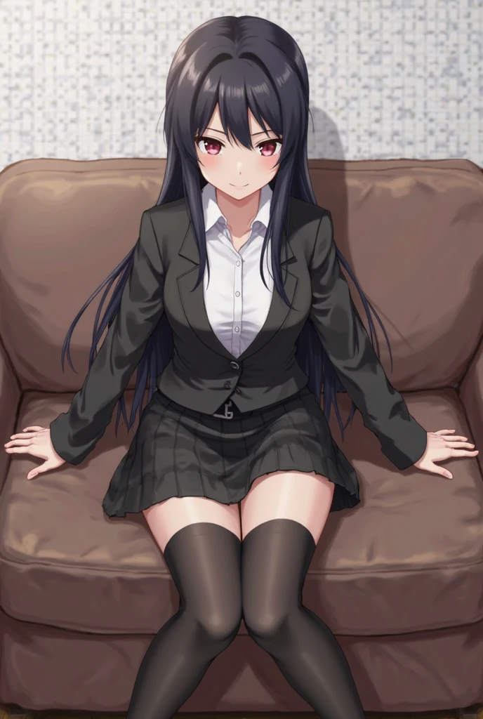 spread legs, pussy focus, show white panties、Realistic, Real person, (Pale skin: 1.2), RAW Photos, Realistic, Portrait Photography, Shiny skin, Shiny Hair、(A 25-year-old woman with straight hair and bangs) and (medium hair) and (black hair) and (purple eyes) , (business suit:1.5) and（White collared shirt) and (skirt), (embarrassed:1.3), The background is an office hallway、