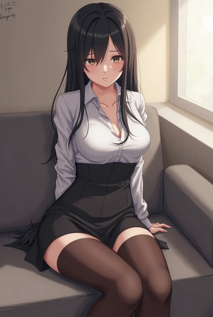 score_9, score_8_up, score_7_up,score_6_up, score_5_up, highly detailed, lighting and shadowing, light and shadow, high res, 1girl, sumeragi lee noriega, gundam, opaque white shirt with tie, black (tight skirt:1.2), black thigh high stockings with garter belt, sitting on the sofa in the living room, spreading thighs, sunlight coming through the window, giga_busty, detailed lace panties, (button_gap:-0.5), masterpiece, best quality, very aesthetic, absurdres