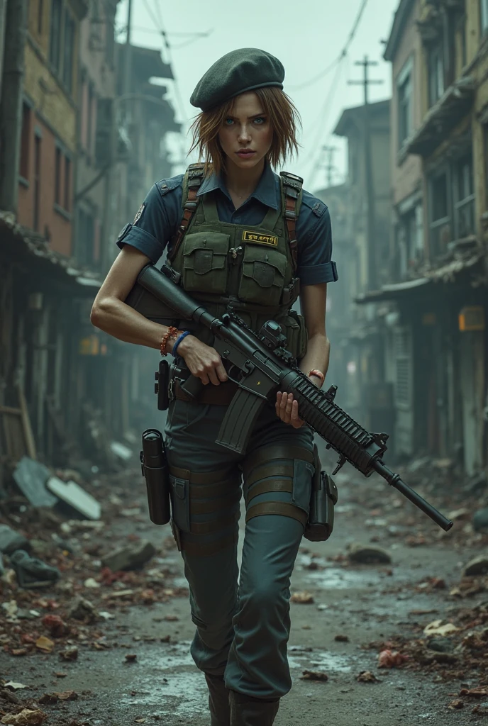 a muscular soldier in colombia wearing a mini skirt, detailed facial features, beautiful eyes, detailed lips, high quality, realistic, photorealistic, physically-based rendering, extremely detailed, intricate details, sharp focus, vivid colors, dramatic lighting, cinematic composition, military uniform, tactical gear, dramatic pose, gritty environment, urban setting, graffiti, neon signs