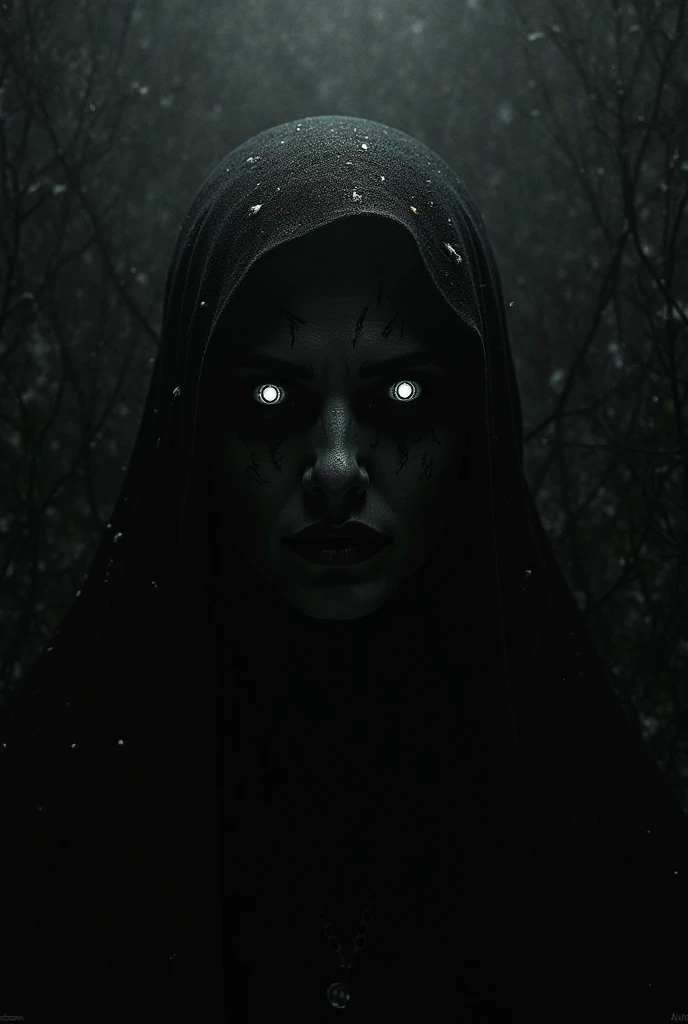 Scary portrait of a witch, his face obscured by ethereal veils, Bright eyes full of sadness and torment, 8k resolution, the mysterious luminescence of its form contrasting with the shadows of the underworld it inhabits