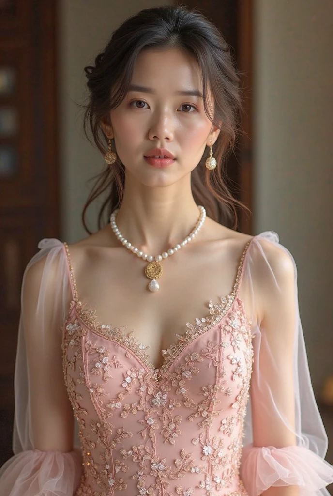 A young woman stands in front of a decorative background、Wearing a silver lace dress。The dress is transparent、Decorated with delicate lace、Open shoulder and neck design。Her hair is in a short bob、It is nicely arranged。Wear simple earrings、The makeup is natural yet feminine.。
The background is decorated with luxurious gold and pink ornaments.、It contrasts beautifully with the silver of the dress.。There is lace and floral detailing all around.、The overall look exudes a romantic and elegant atmosphere.。Her expression is full of confidence.、Staring straight at the camera。
The woman's pose is natural and relaxed.、It gives a sense of stability to the overall composition.。The details of the dress and the background are in harmony.、It enhances her presence even more.。